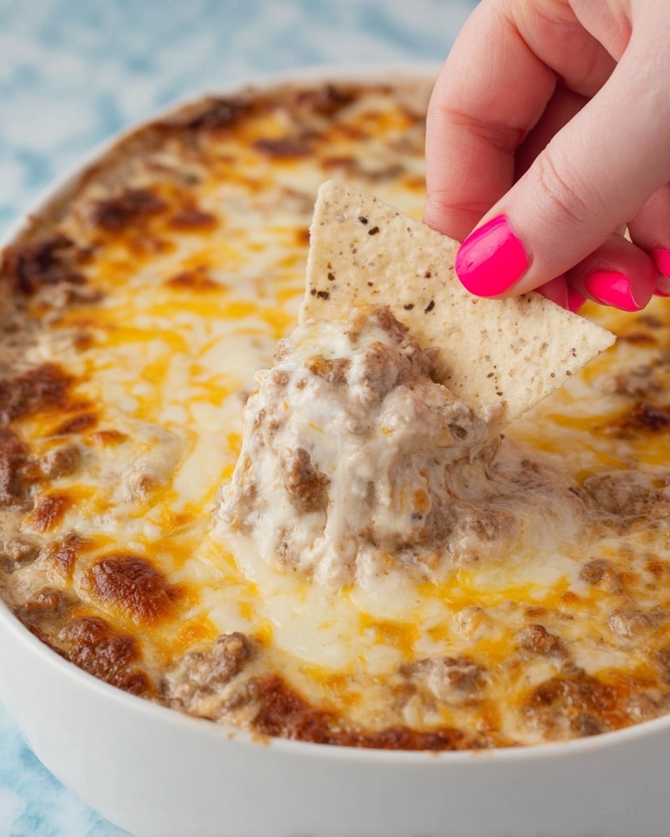 The image shows a close-up of a white bowl filled with a creamy, cheesy dip that has browned spots on top, indicating it has been baked. The dip looks thick and slightly chunky with layers of melted light yellow and white cheese mixed with a beige, meat-like base. A woman's hand with bright red nail polish is dipping a light beige, speckled triangular tortilla chip into the center of the dip, lifting a scoop covered in the gooey cheese mixture. The background features a white marbled texture surface. photo taken with an iphone --ar 4:5 --v 7