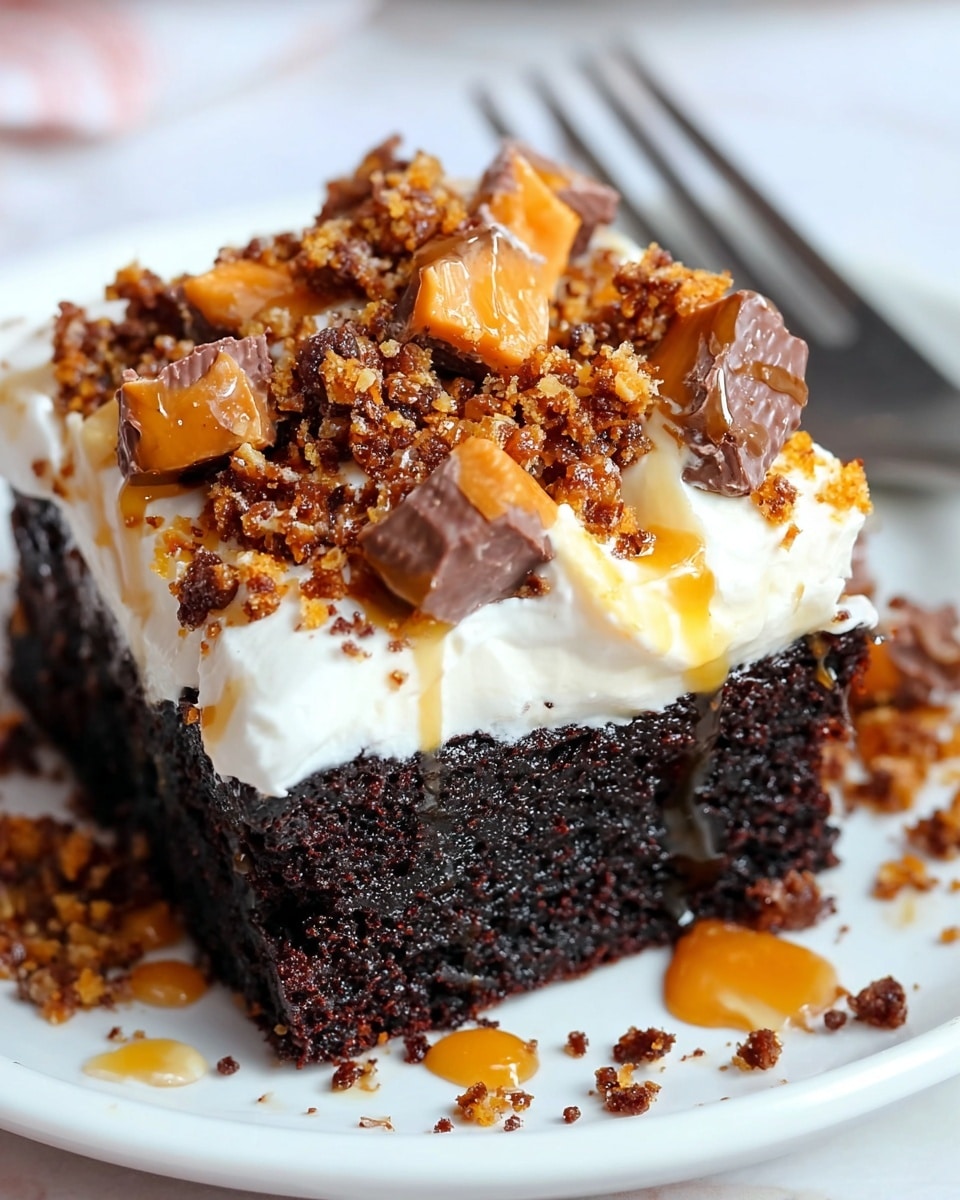 A close-up of a square piece of rich, dark brown chocolate cake with a moist and crumbly texture forms the base layer. On top, there is a thick, smooth layer of white cream frosting with a slight swirl texture. Scattered on the frosting are small orange candy bits and crumbly pieces of chocolate candy with a caramel center. There is also a drizzle of golden caramel sauce pooling slightly into the cream. The cake is placed on a white plate with some crumbs around it, all set against a white marbled surface. photo taken with an iphone --ar 4:5 --v 7