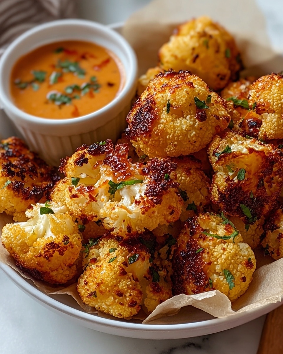 The image shows a white bowl filled with golden brown, crispy cauliflower bites that are well-roasted with textured, crunchy edges. Each piece has a slightly uneven surface with toasted darker spots and is sprinkled with small green herb pieces. On the side of the bowl, there is a small white ramekin containing a creamy reddish-orange dipping sauce, also garnished with a few herbs. The bowl rests on a white marbled surface with some parchment paper underneath the cauliflower bites, adding a rustic touch. photo taken with an iphone --ar 4:5 --v 7
