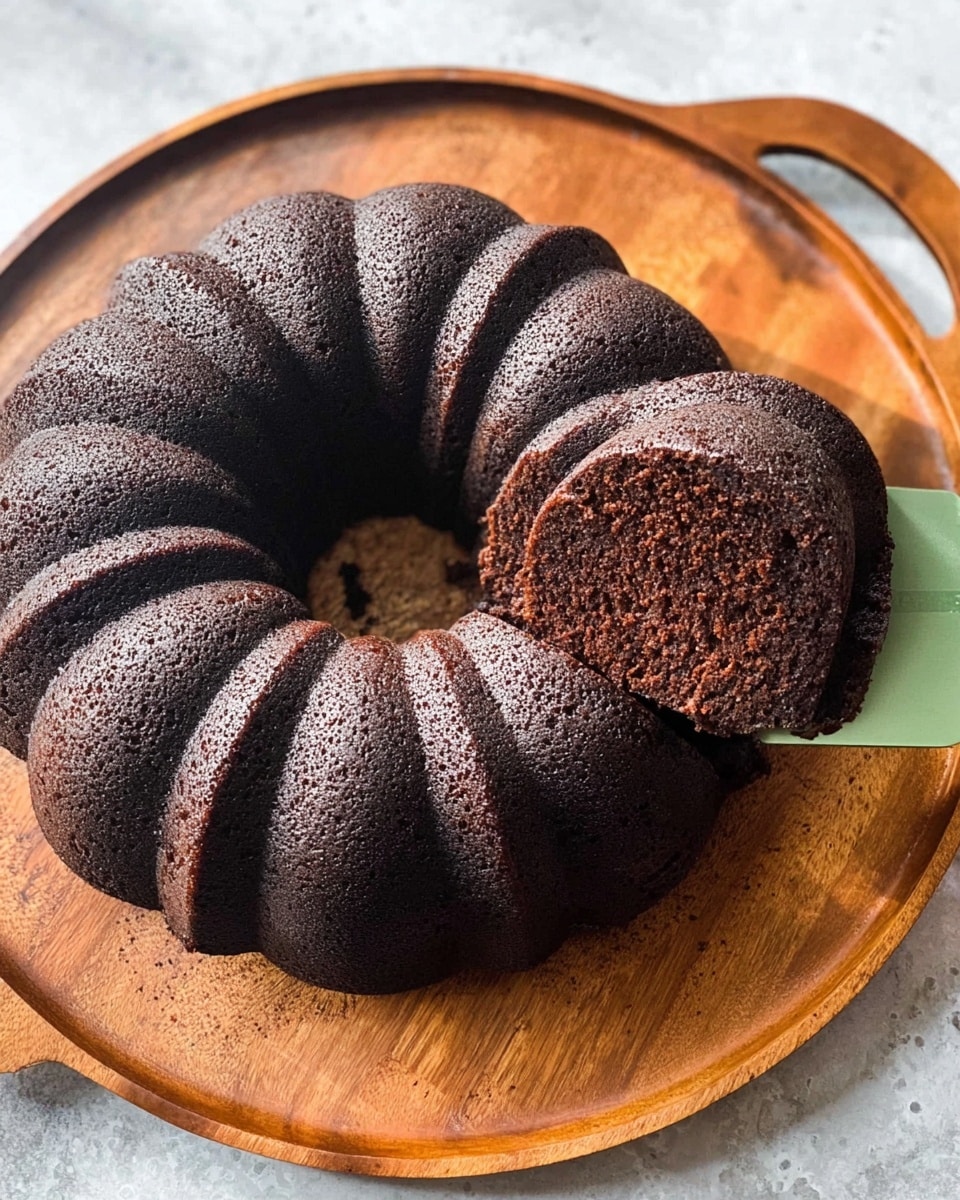 A dark brown Bundt cake with a moist, slightly rough texture sits on a wooden tray, with one thick slice cut and placed in front on a white plate with a black lattice pattern. The cake has one layer, showing a deep chocolate color inside and out, with visible small air holes giving a soft but dense look. The background is a white marbled surface, and behind the cake, there is a tall silver mug and a black can of Guinness beer. Photo taken with an iphone --ar 4:5 --v 7
