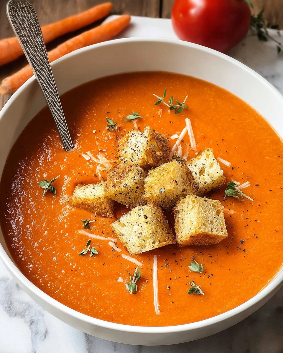 A large white bowl filled with thick, smooth bright orange tomato soup sits on a white marbled surface. On top of the soup, there is a small pile of golden brown croutons sprinkled with black pepper and herbs, resting on a few thin shreds of light beige cheese. Small green herb leaves are scattered among the croutons, adding a fresh touch. A metallic spoon with a textured handle is partially dipped in the soup on the left side of the bowl. In the background, two orange carrots and a red tomato are placed on the surface near the bowl. photo taken with an iphone --ar 4:5 --v 7