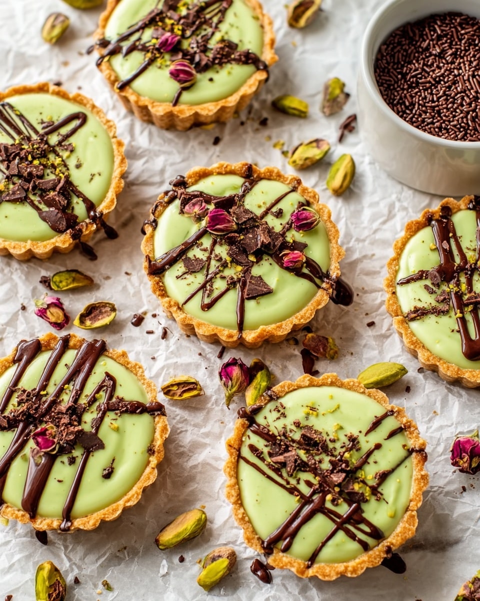 The image shows six mini tarts with a light green creamy filling set on a crinkled white parchment background over a white marbled surface. Each tart has a golden-brown crust holding one smooth green layer that is topped with dark brown chocolate drizzle lines and small chocolate pieces scattered on top. Small dried rose petals are also sprinkled on the chocolate in varying amounts. Around the tarts, there are whole pistachios and extra swirls of chocolate drizzled artistically. On the right side, there is a white bowl filled with dark chocolate sprinkles. The overall look is bright, colorful, and inviting with a contrast between the green filling, dark chocolate, and the light background. photo taken with an iphone --ar 4:5 --v 7