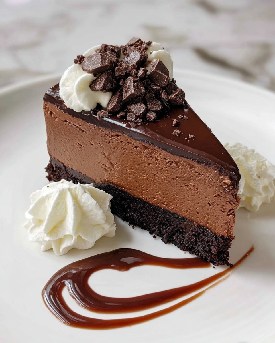 A thick slice of chocolate cake with three visible layers sits on a white plate with a yellow rim and red decorative patterns. The cake has a dense, smooth texture inside, with a slightly crumbly outer layer and a thick, glossy chocolate frosting on top, sprinkled with small chocolate shavings. On each side of the cake slice, there is a fluffy dollop of white whipped cream. Below the cake, two curved lines of dark chocolate sauce add decoration to the plate. The surface beneath the plate is a white marbled texture. Photo taken with an iphone --ar 4:5 --v 7