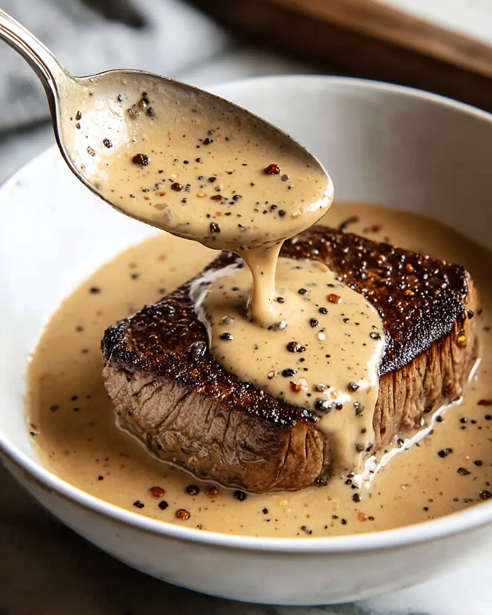 A white bowl holds a thick piece of grilled steak with a dark brown, seared crust sitting in the middle. The steak is covered in a creamy light tan sauce speckled with whole black peppercorns. A silver spoon is shown lifting some of the rich sauce, which drips slowly over the steak, emphasizing its smooth texture. The bowl rests on a white marbled surface. photo taken with an iphone --ar 4:5 --v 7