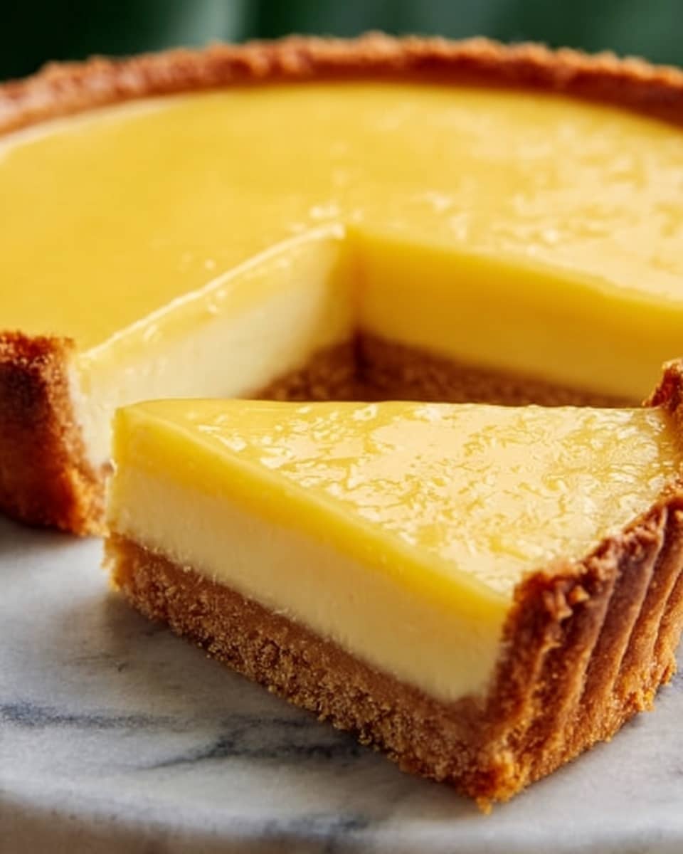A thick, square slice of light yellow cheesecake with a smooth, creamy top layer is placed on a wooden board. The cheesecake has a golden brown crust around all edges, which is firm and slightly crumbly. One slice is slightly pulled out, showing the clean, even layers of crust and filling. The surface of the cheesecake is slightly shiny and soft-looking. The background is a white marbled texture. Photo taken with an iphone --ar 4:5 --v 7