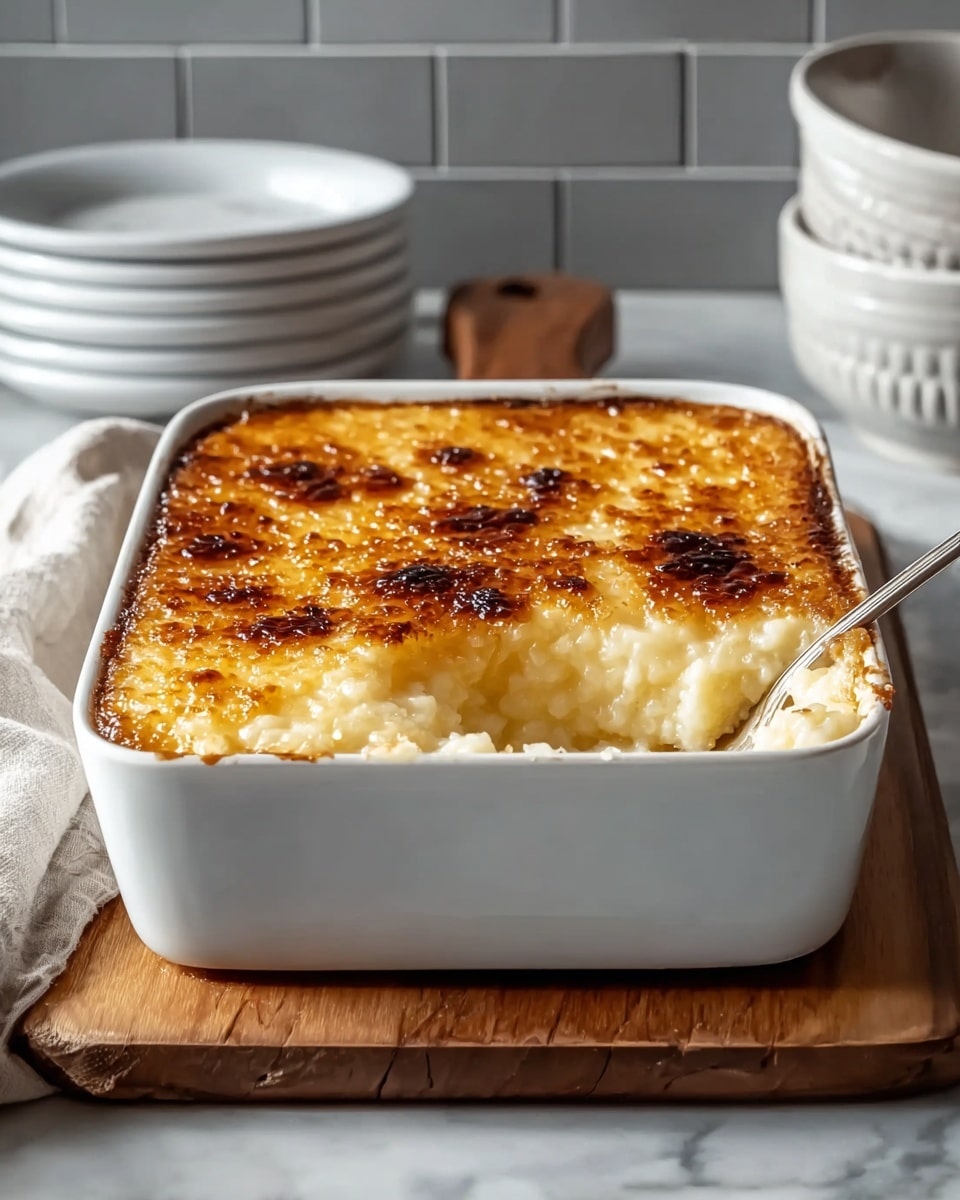 A white square baking dish is filled with a creamy white rice pudding that has a thick, golden-brown caramelized crust on top, with darker spots indicating caramelization. A portion of the pudding has been scooped out from the front right corner, showing the soft, moist texture underneath the crispy top layer. The dish is resting on a wooden board, and in the background, there are stacked white bowls and a light cloth, all set against a white marbled surface and a grey tiled wall. photo taken with an iphone --ar 4:5 --v 7