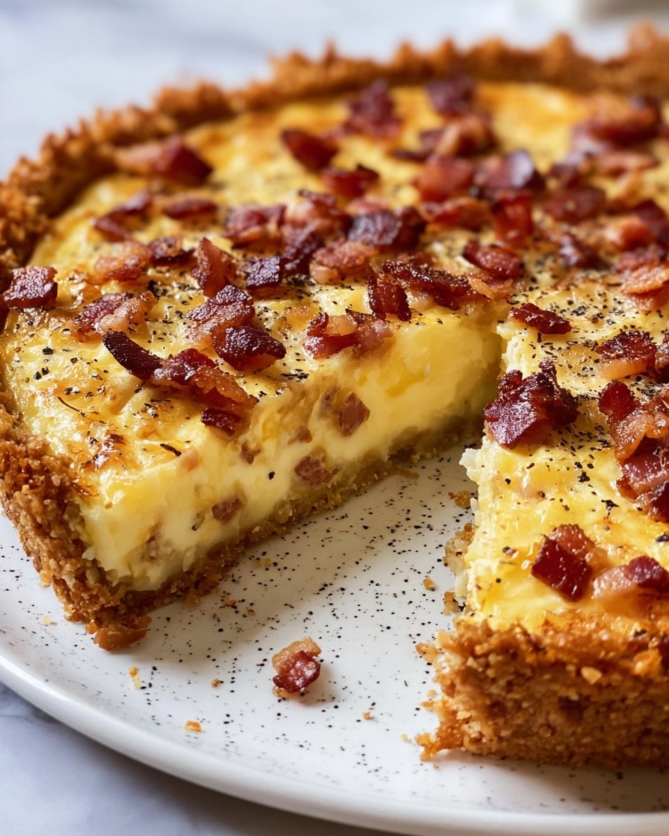 The image shows a close-up of a savory quiche with a golden-brown, crispy crust that looks textured and crunchy on the edges, sitting on a white plate with a speckled design. Inside, there is a thick, creamy yellow filling with visible small bits of cooked, light brown bacon mixed throughout. On top, there are scattered pieces of darker red-brown crispy bacon and a light sprinkling of black pepper. One slice has been cut from the quiche, revealing the smooth and rich interior layers. The background is a white marbled texture. Photo taken with an iphone --ar 4:5 --v 7