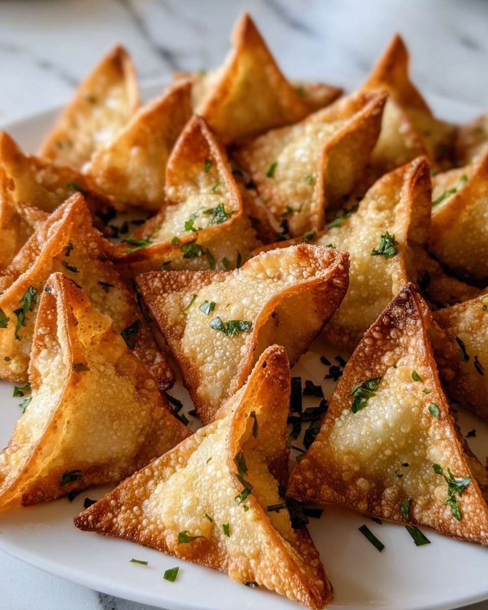 A close-up view of a white plate filled with crispy, golden-brown triangle-shaped wontons. Each wonton has a bubbly, textured surface with pointed, folded edges that create a three-dimensional shape. The wontons are sprinkled with small pieces of fresh green herbs that contrast with the golden color. The white plate sits on a white marbled surface. photo taken with an iphone --ar 4:5 --v 7
