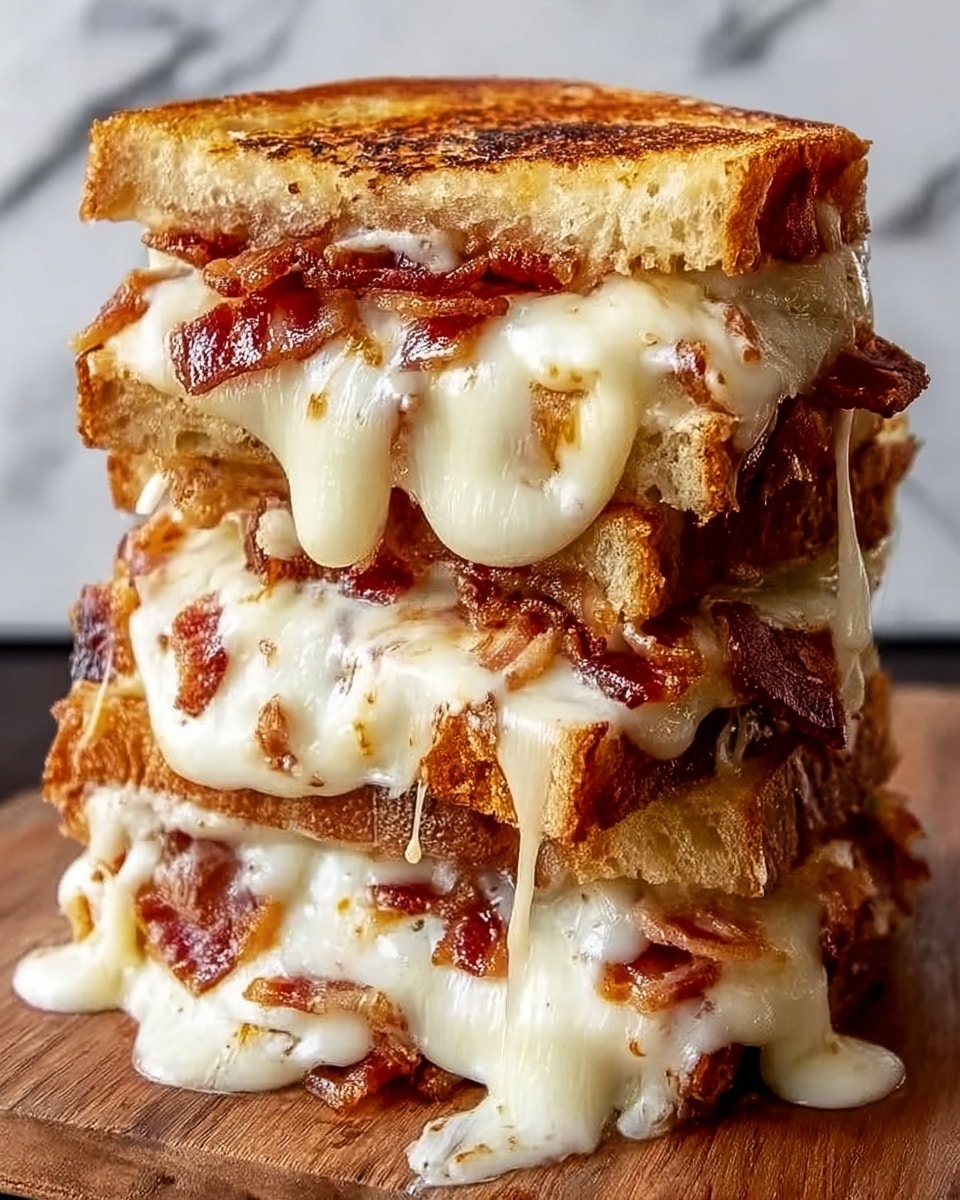 A tall sandwich made of three layers of toasted golden brown bread, each slice with a crispy texture and light charring. Between the layers, there is a thick, gooey white melted cheese that oozes out generously, melting on and around the edges. Mixed within the cheese are several pieces of crispy, reddish-brown bacon, adding a crunchy texture and rich color contrast. The sandwich is stacked on a wooden board, with the cheese dripping slightly onto the surface. The background is a white marbled texture. photo taken with an iphone --ar 4:5 --v 7