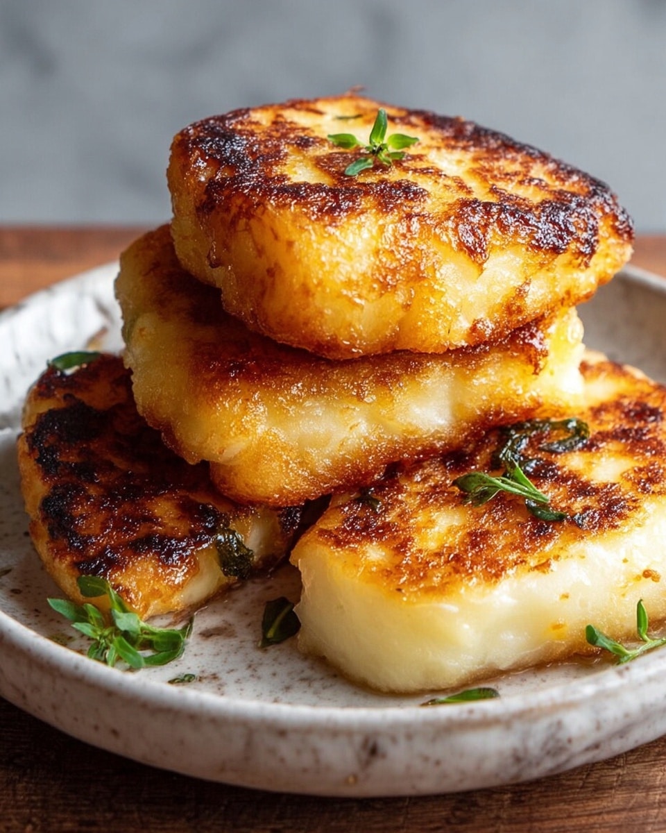 Three thick, golden-brown fried cheese pieces with a crispy, slightly charred surface are stacked unevenly on a round white plate, with small green herb leaves lightly scattered on top for garnish. The cheese pieces have a slightly irregular shape and appear soft and warm inside with a crunchy outer layer. The plate is placed on a white marbled textured surface, and the scene has a cozy, homemade feel to it. photo taken with an iphone --ar 4:5 --v 7