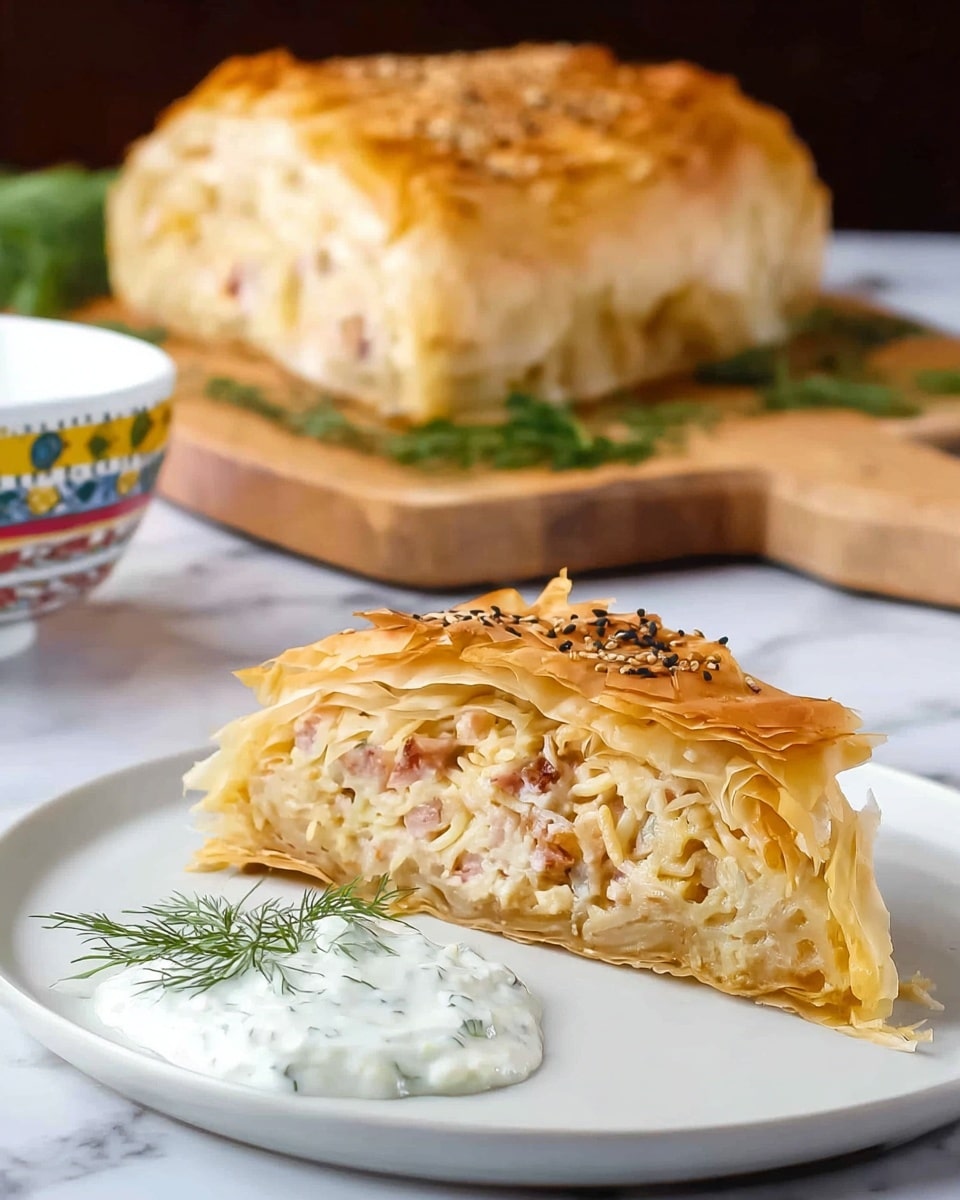 A slice of golden-brown baked pastry with thin, flaky layers on the outside holds a creamy filling made of light beige shredded ingredients mixed with small pink pieces, all tightly packed inside. The top crust has a slight shine and is speckled with black seeds or seasoning. The slice sits on a white plate beside a dollop of white sauce with green herb bits, garnished with a small sprig of fresh dill. In the background, the rest of the rolled pastry is placed on a wooden board, decorated with green herbs, and a white bowl with colorful patterns sits blurred behind it, all set against a white marbled surface. photo taken with an iphone --ar 4:5 --v 7