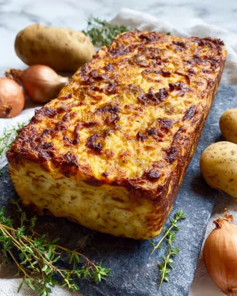 A rectangular loaf of baked dish with a golden-brown crust and a slightly textured top filled with bits of darker brown, suggesting ingredients like cheese and small pieces of meat or vegetables. The surface is uneven with a crispy, bubbly edge all around. The loaf sits on a dark slate board, surrounded by sprigs of fresh thyme and some potatoes and onions in the background, all placed on a white marbled surface. Photo taken with an iphone --ar 4:5 --v 7