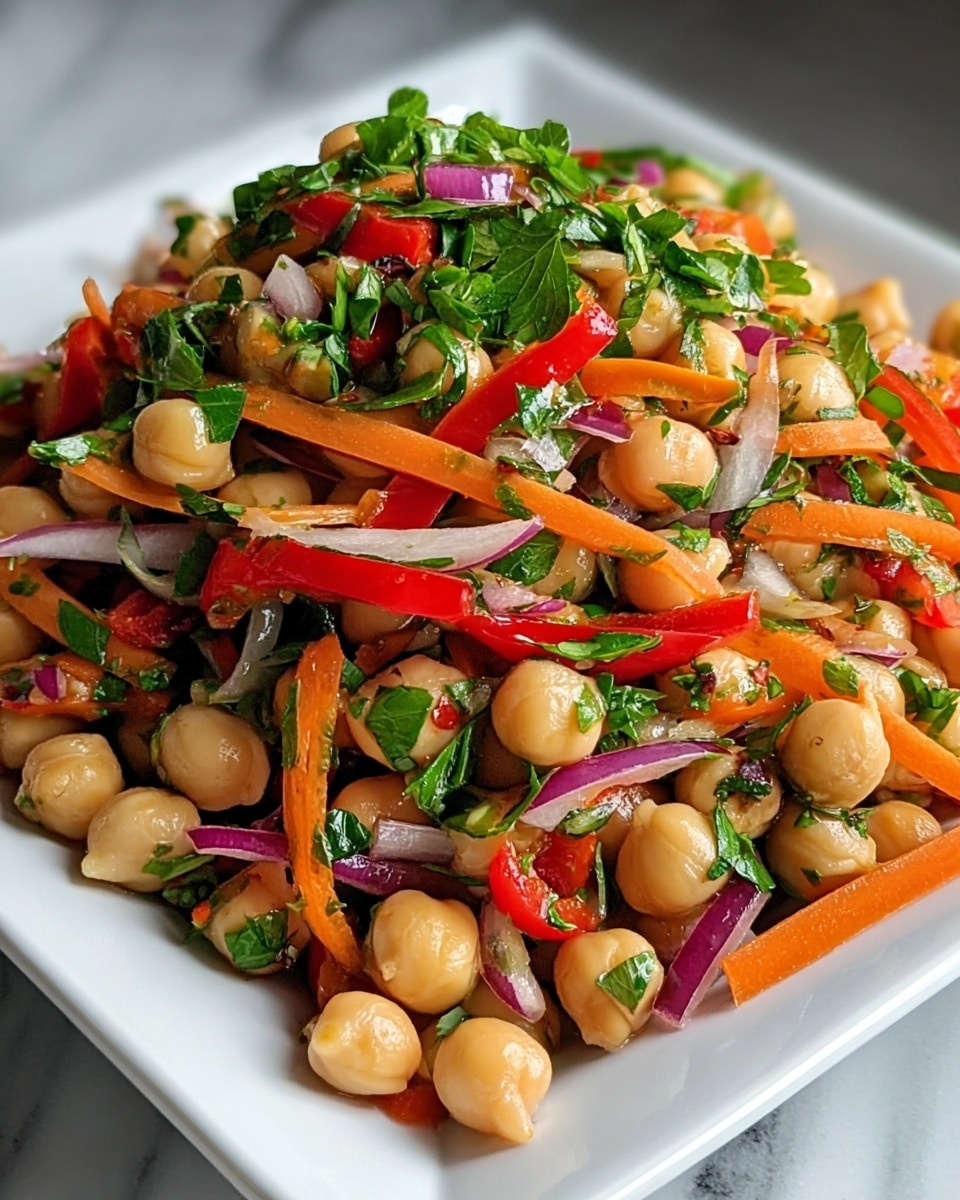 A close-up view of a fresh chickpea salad served in a square white bowl. The base layer is light beige, round chickpeas, scattered throughout the bowl. Mixed in well are thin strips of red bell pepper and orange carrot, adding bright colors. Chopped green cilantro leaves are sprinkled on top, giving a fresh, leafy texture. Small pieces of purple onion add a sharp contrast, blending with bits of cucumber visible under the chickpeas. The salad looks glossy with a light oil or dressing, on a background of white marbled texture. photo taken with an iphone --ar 4:5 --v 7