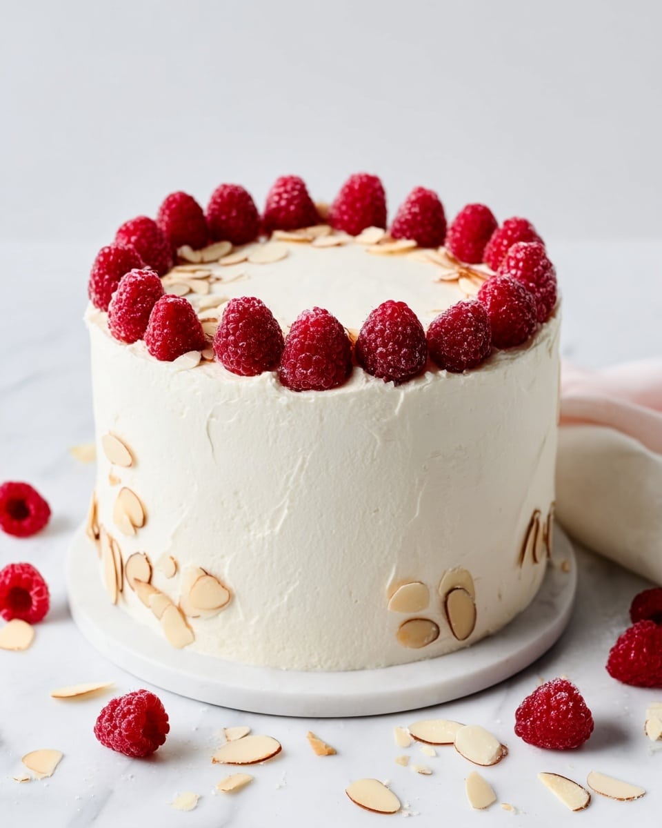 A tall, round cake covered smoothly with white frosting stands on a white marbled surface. The cake has three visible layers inside, separated by thin layers of white cream. On top, there is a ring of bright red raspberries, evenly spaced and fresh looking, with thin, light tan almond slices placed between them. Around the cake, a few loose raspberries and almond slices are scattered on the white marbled surface. The background is plain and bright, making the cake the main focus. Photo taken with an iphone --ar 4:5 --v 7
