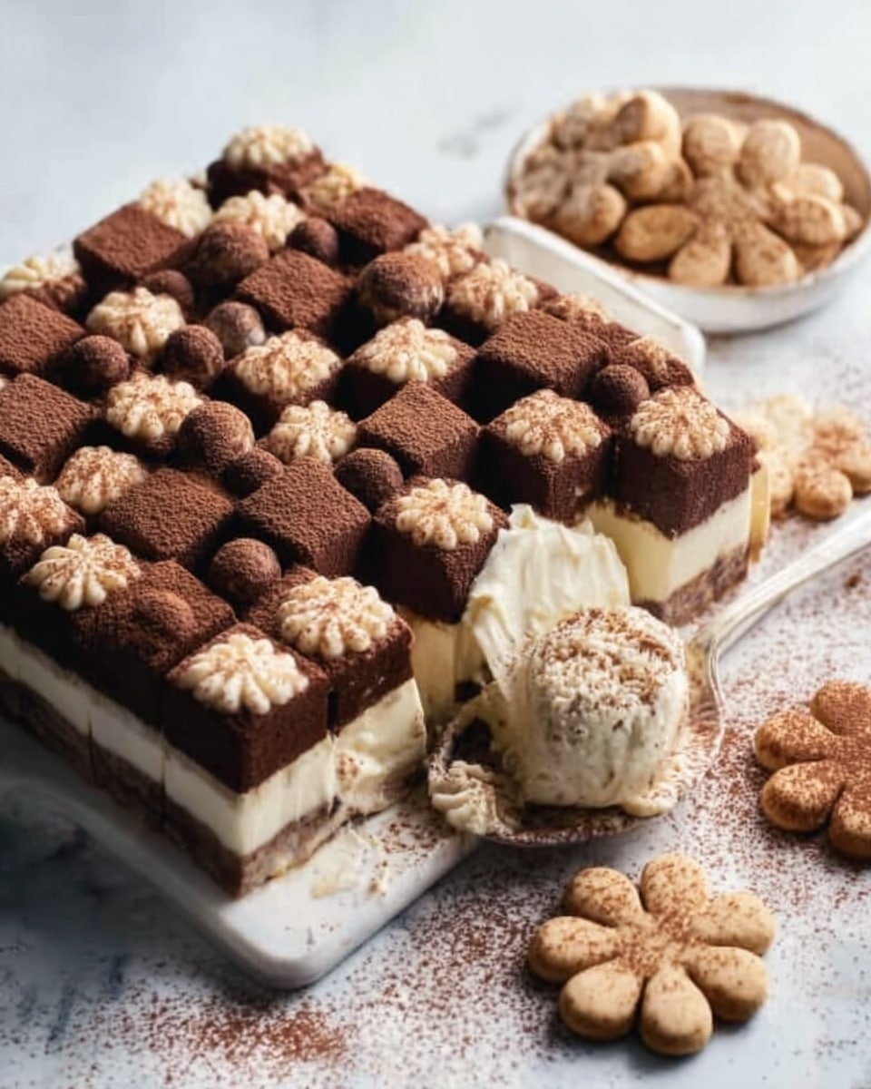 The image shows a square dessert with a checkerboard pattern on top, made of dark brown chocolate balls and light brown flower-shaped cookies, arranged in alternating rows; part of the dessert is scooped out, revealing a thick creamy white layer underneath the checkerboard topping. The dessert is set on a white marbled surface with some light brown powder sprinkled around. To the side, there are several flower-shaped cookies lying flat. A white rectangular dish holds the dessert. Photo taken with an iphone --ar 4:5 --v 7