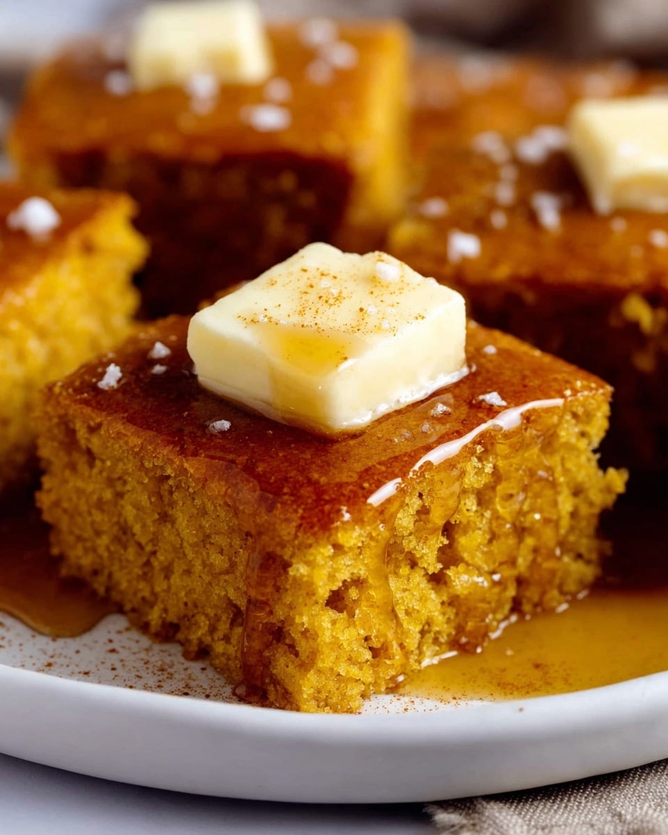 A close-up of a moist, thick square piece of golden-brown cornbread with a rough, crumbly texture on the outside and soft inside. On top, a shiny layer of amber maple syrup drips down the sides, and a smooth pale yellow pat of butter sits melting in the center, sprinkled lightly with a touch of cinnamon and a few flakes of coarse salt. Additional pieces of the same cornbread are blurred in the background, all placed on a white plate on a white marbled surface. Photo taken with an iphone --ar 4:5 --v 7