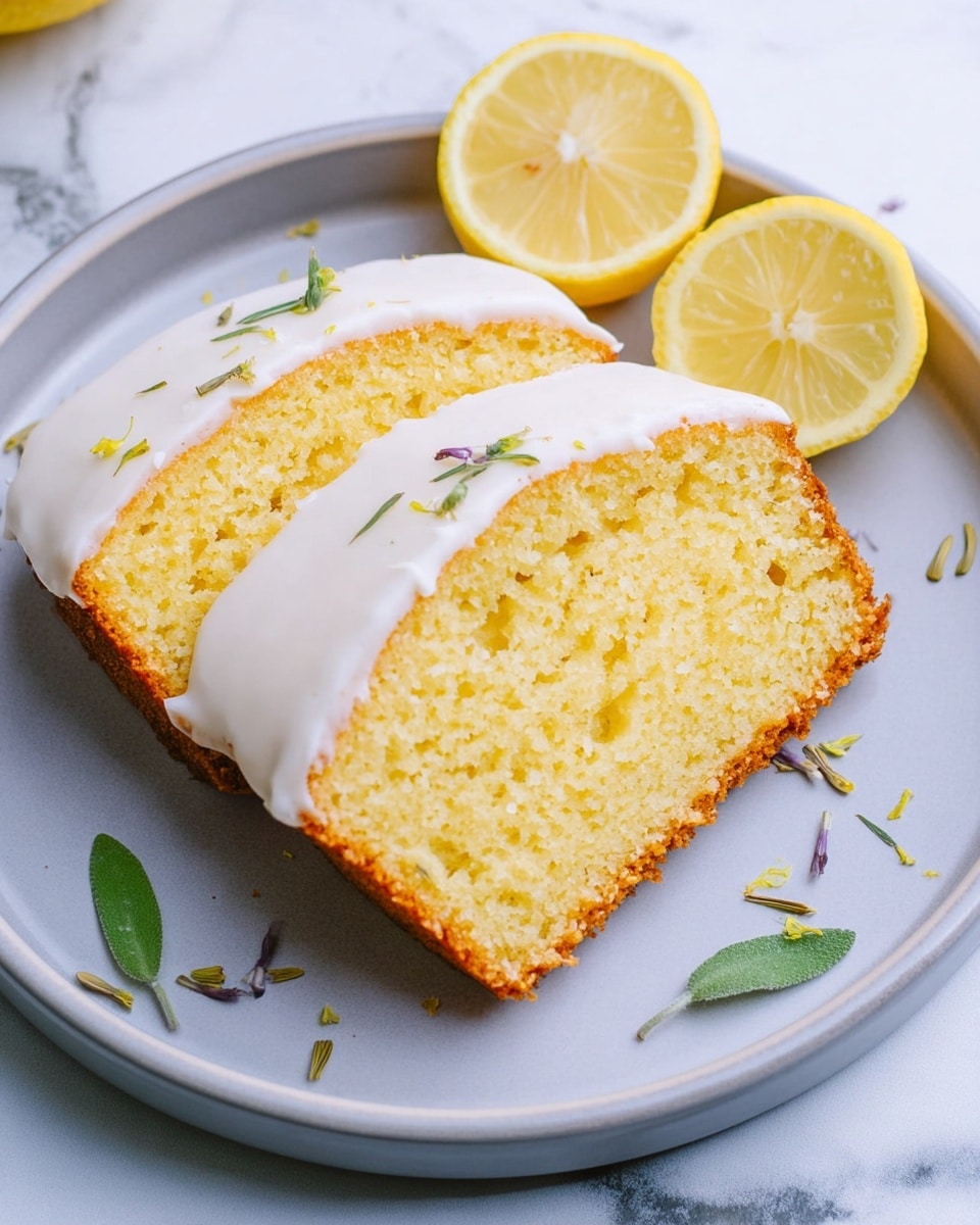 Two slices of yellow lemon cake with a smooth white icing layer on top are placed on a white plate. The cake's texture looks soft and moist with small air holes inside, and the cake edges are slightly golden brown. Next to the slices, two half-cut fresh lemon pieces show a bright yellow color with visible segments. A few small green leaves and some tiny seeds are scattered around the cake on the plate. The plate is set on a white marbled surface. photo taken with an iphone --ar 4:5 --v 7