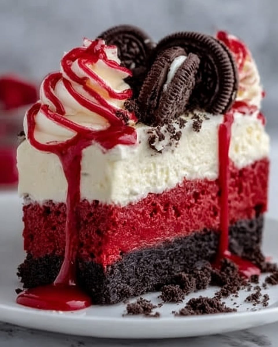 The image shows a close-up of a multi-layered dessert slice on a white plate, placed on a white marbled surface. The bottom layer is dark brown and crumbly, resembling a dense cookie crust. Above it, there is a thick, bright red layer with a soft, moist texture. The next layer is creamy white and smooth, topped by a drizzle of red sauce that flows down the side. On top, there are swirls of red and white whipped cream, decorated with two large chocolate sandwich cookies, and small crumbles sprinkled around. The photo is taken with an iphone --ar 4:5 --v 7