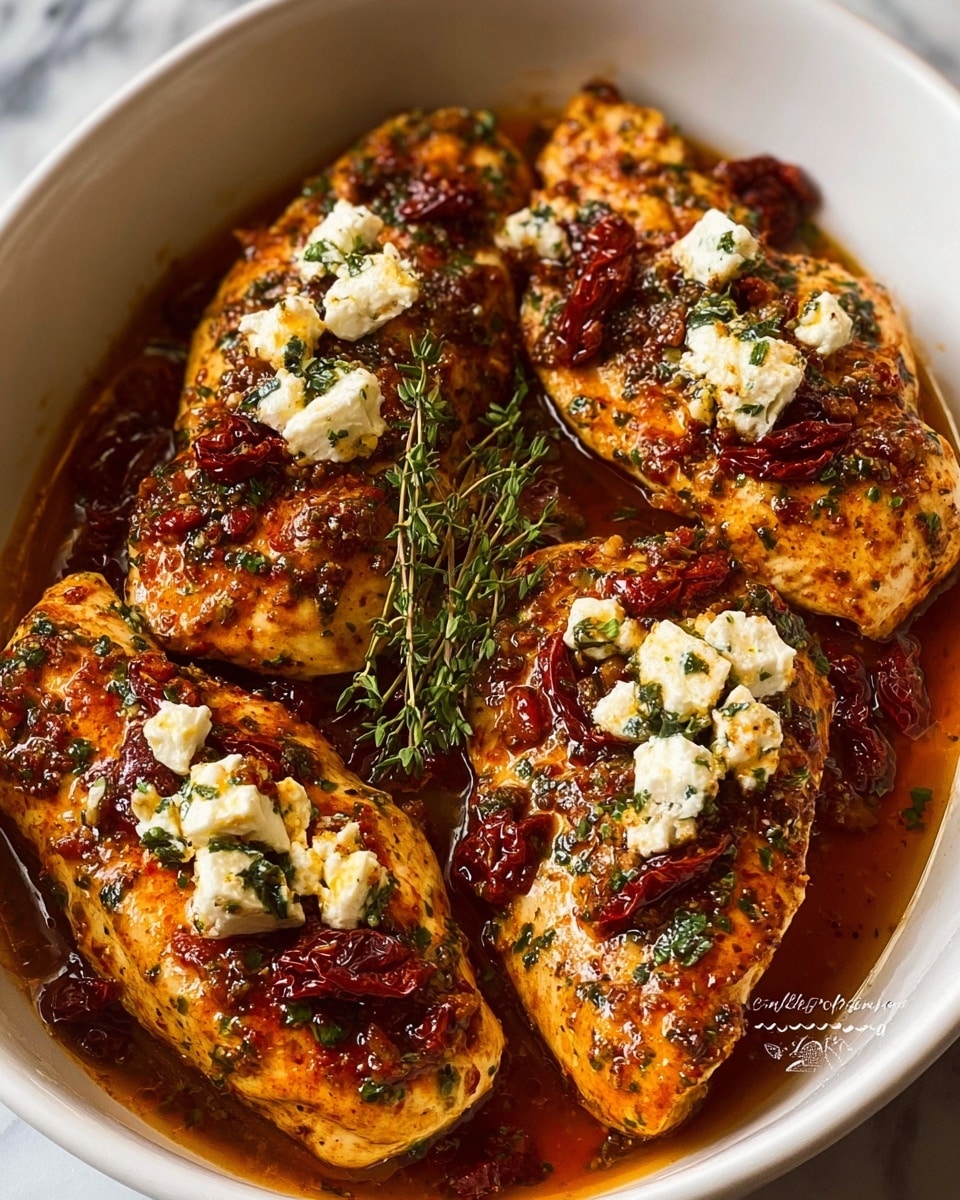 The image shows four pieces of cooked chicken breasts arranged closely in a round white dish, each piece coated with a glossy reddish-brown sauce. On top of the chicken, there are scattered small white chunks of soft cheese and dark red sun-dried tomatoes. Fresh green herbs are sprinkled across the chicken, with a sprig of thyme placed in the center for decoration. The sauce around the chicken pools slightly at the bottom of the dish, enhancing the shine and texture of the pieces. The dish sits on a white marbled surface. photo taken with an iphone --ar 4:5 --v 7