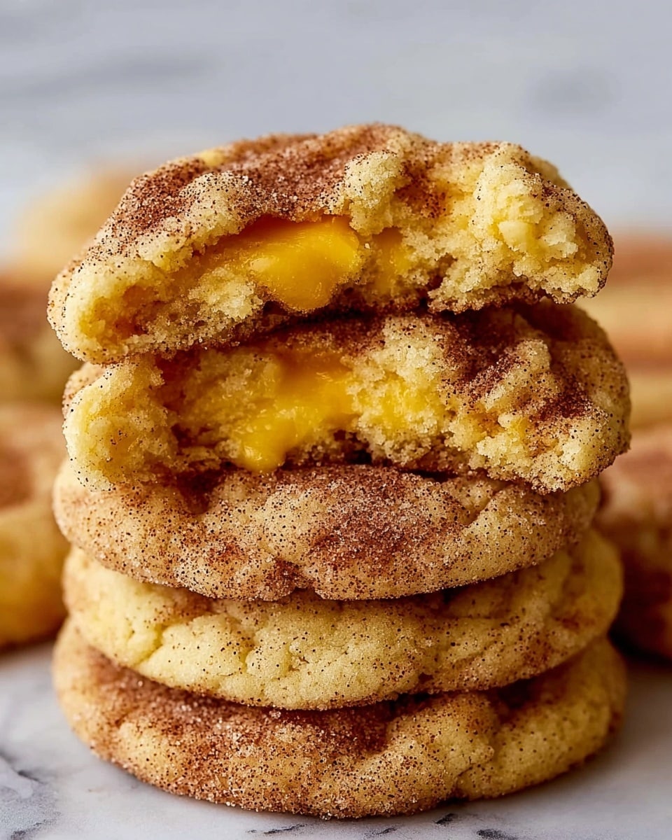 A close-up of a stack of five soft cookies dusted with cinnamon sugar, with two cookies broken in half on top showing a gooey, bright yellow melted cheese filling inside. The cookies have a light golden brown color with a rough crumbly texture on the outside and a soft, moist look inside. The cinnamon sugar is scattered unevenly across the surface, creating a speckled effect. The background is a white marbled texture. photo taken with an iphone --ar 4:5 --v 7