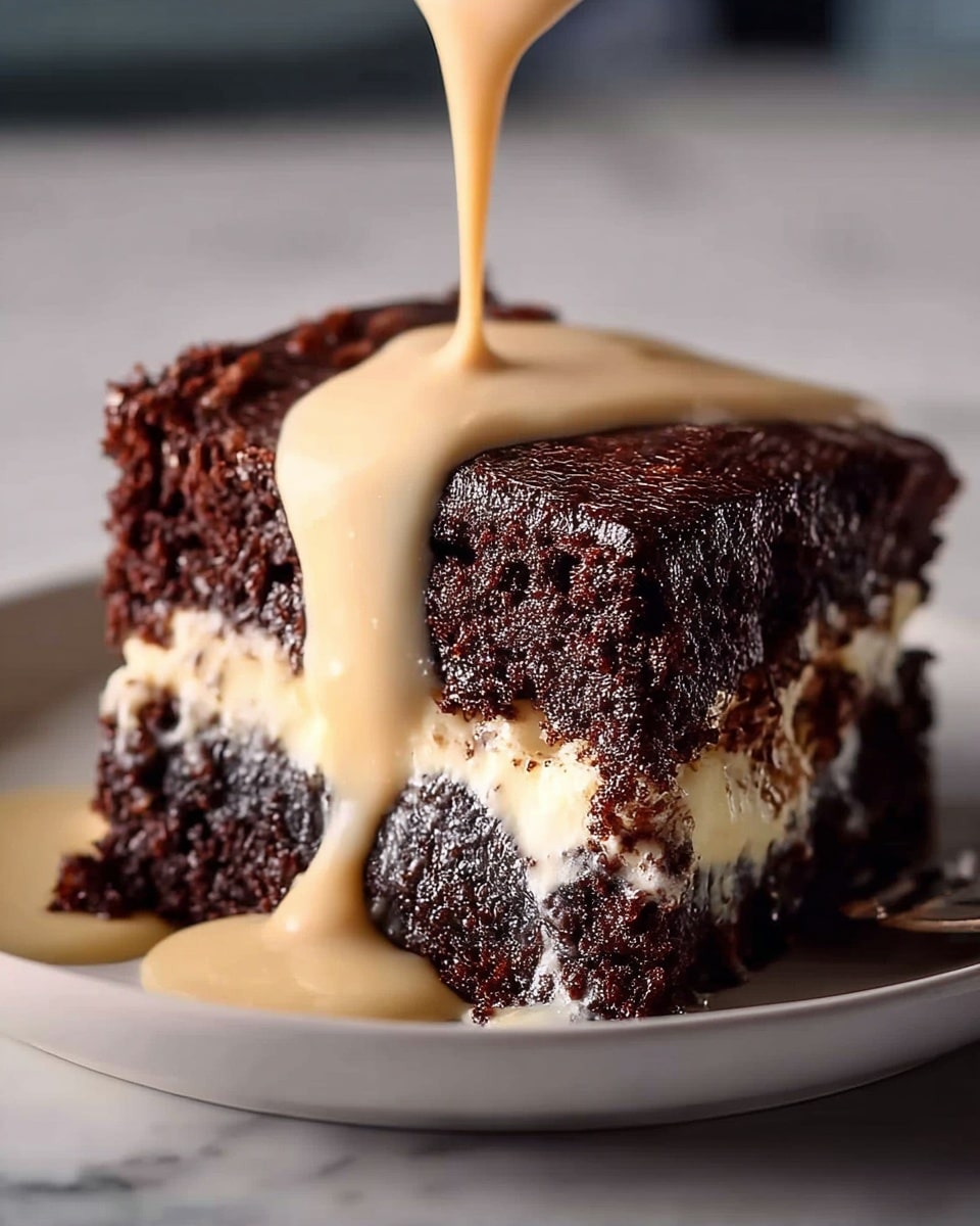 The image shows a thick slice of dark chocolate cake placed on a white plate resting on a white marbled surface. The cake has two main layers with a creamy white filling in between that appears soft and slightly melted. The rich, dense chocolate cake layers on top and bottom have a moist texture with some cracks. A thick, light beige sauce is being poured over the cake, flowing over the top and sides, partially covering the filling and pooling around the base. The overall colors contrast dark brown with creamy white and beige, highlighting the moisture and richness of the dessert. photo taken with an iphone --ar 4:5 --v 7