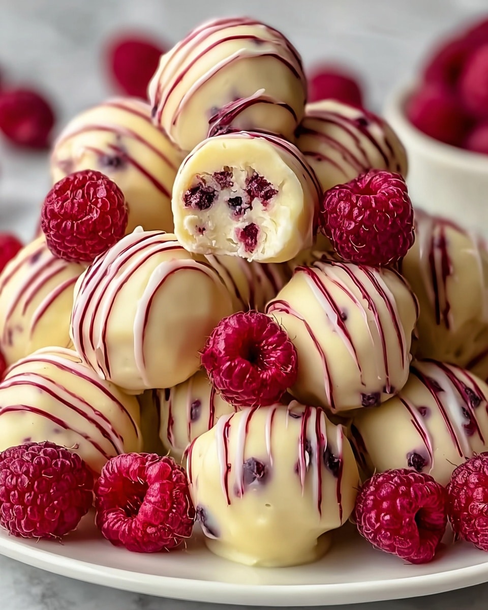 A close-up view of a tall pile of round white chocolate truffles with a smooth surface, each drizzled with fine dark red lines. Inside some truffles, dark red berry pieces are visible. Fresh and frozen raspberries, bright red and textured, are placed around and atop the truffles. All the treats sit on a white plate, against a white marbled backdrop. The overall look is rich and inviting with a focus on the creamy white and deep red colors. photo taken with an iphone --ar 4:5 --v 7