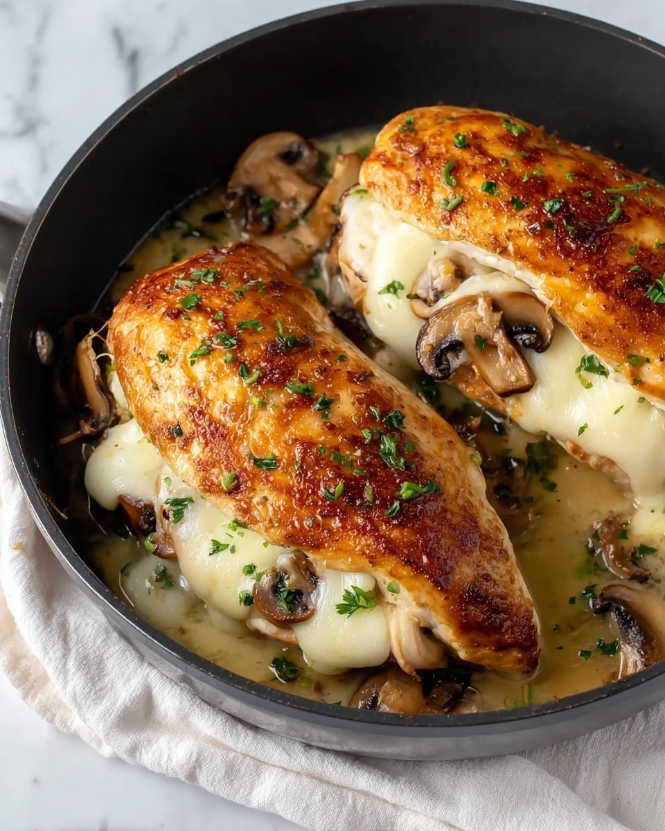 Two large chicken breasts with golden brown, crispy skin sit in a black pan on a white marbled surface with a white cloth under the pan's edge. Each chicken breast is stuffed with layers of melted white cheese and sautéed mushroom slices, which peek out from under the skin. Small bits of green herbs are sprinkled over the chicken and mushrooms, adding a fresh touch. The melted cheese has a smooth, creamy texture, and the mushrooms are soft and juicy, with some browned edges. The sauce around the chicken is light and glossy, pooling slightly in the pan. photo taken with an iphone --ar 4:5 --v 7