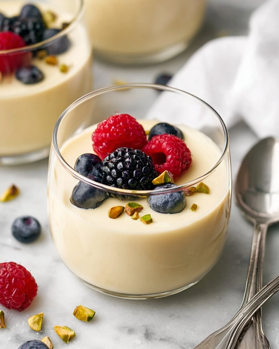 A clear glass cup holds a smooth, creamy light beige pudding as the main layer, topped with a mix of fresh berries—two red raspberries, one dark purple blackberry, and two deep blue blueberries—placed together on one side. Scattered small green pistachio pieces add texture and color. The glass sits on a white marbled surface with a silver spoon and white cloth nearby, and parts of another glass of pudding with similar toppings are slightly visible in the background. Photo taken with an iphone --ar 4:5 --v 7