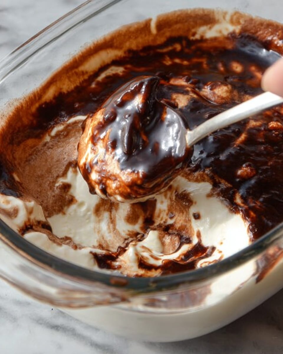 The image shows a close-up of a dessert with two main layers inside a clear glass dish set on a white marbled surface. The bottom layer is creamy and white with a smooth texture, while the top layer is dark brown and glossy, with a slightly uneven, almost burnt-looking surface. A spoon is scooping into the dessert, creating swirling patterns where the two layers mix, and a woman's hand is holding the spoon. Photo taken with an iphone --ar 4:5 --v 7