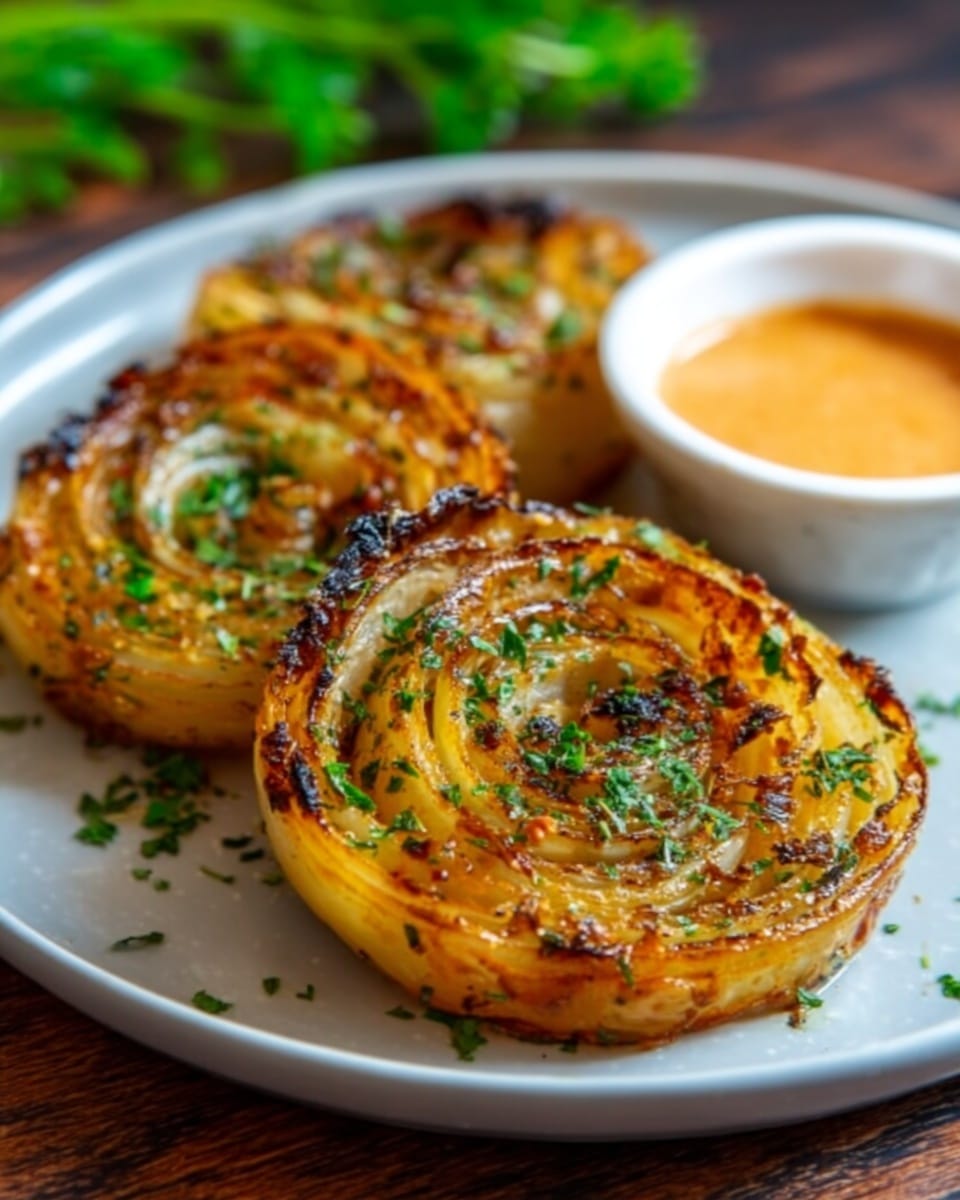 The image shows three golden brown roasted onion slices arranged in a triangle on a white plate. Each onion slice has a slightly crispy edge with a caramelized texture and is topped with finely chopped green herbs, likely parsley. There is a small white bowl with a creamy orange dipping sauce placed near the onions on the plate. The plate sits on a wooden surface with some blurred green herbs in the background, all on a white marbled texture. photo taken with an iphone --ar 4:5 --v 7
