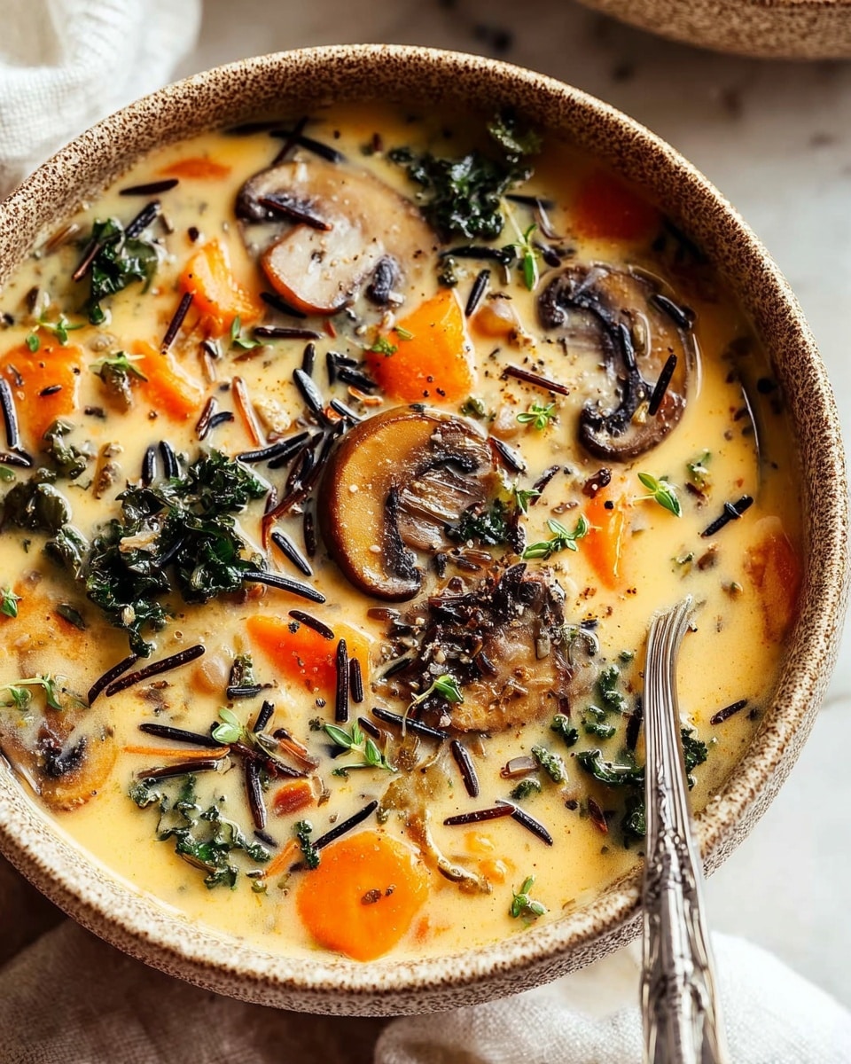 A close-up of a bowl of creamy soup filled with several layers of ingredients: at the base is a thick light beige broth; floating on top are dark brown sliced mushrooms, bright orange carrot chunks, dark green kale leaves, and scattered thin black wild rice strands. The soup is sprinkled with black pepper and small herb leaves. A silver spoon is partially dipped into the bowl, which is textured and light brown. The bowl is set on a soft white cloth with a white marbled surface beneath. photo taken with an iphone --ar 4:5 --v 7