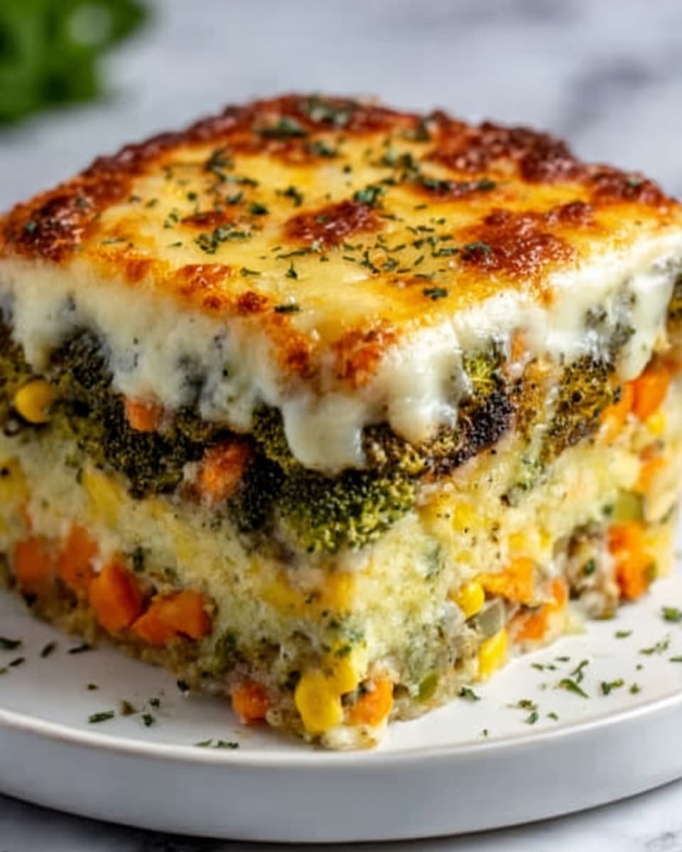 The image shows a thick, square slice of layered vegetable casserole on a white plate with a white marbled surface underneath. The casserole has four visible layers: the bottom layer is light yellow with small bits of corn and carrot, the second layer is creamy white melted cheese with a smooth texture, the third layer is dark green broccoli with a slightly grainy texture mixed with more cheese, and the top layer is a golden brown melted cheese crust with some herbs sprinkled on top. The edges of the dish are slightly browned and crispy, and the casserole looks rich and cheesy. Photo taken with an iphone --ar 4:5 --v 7