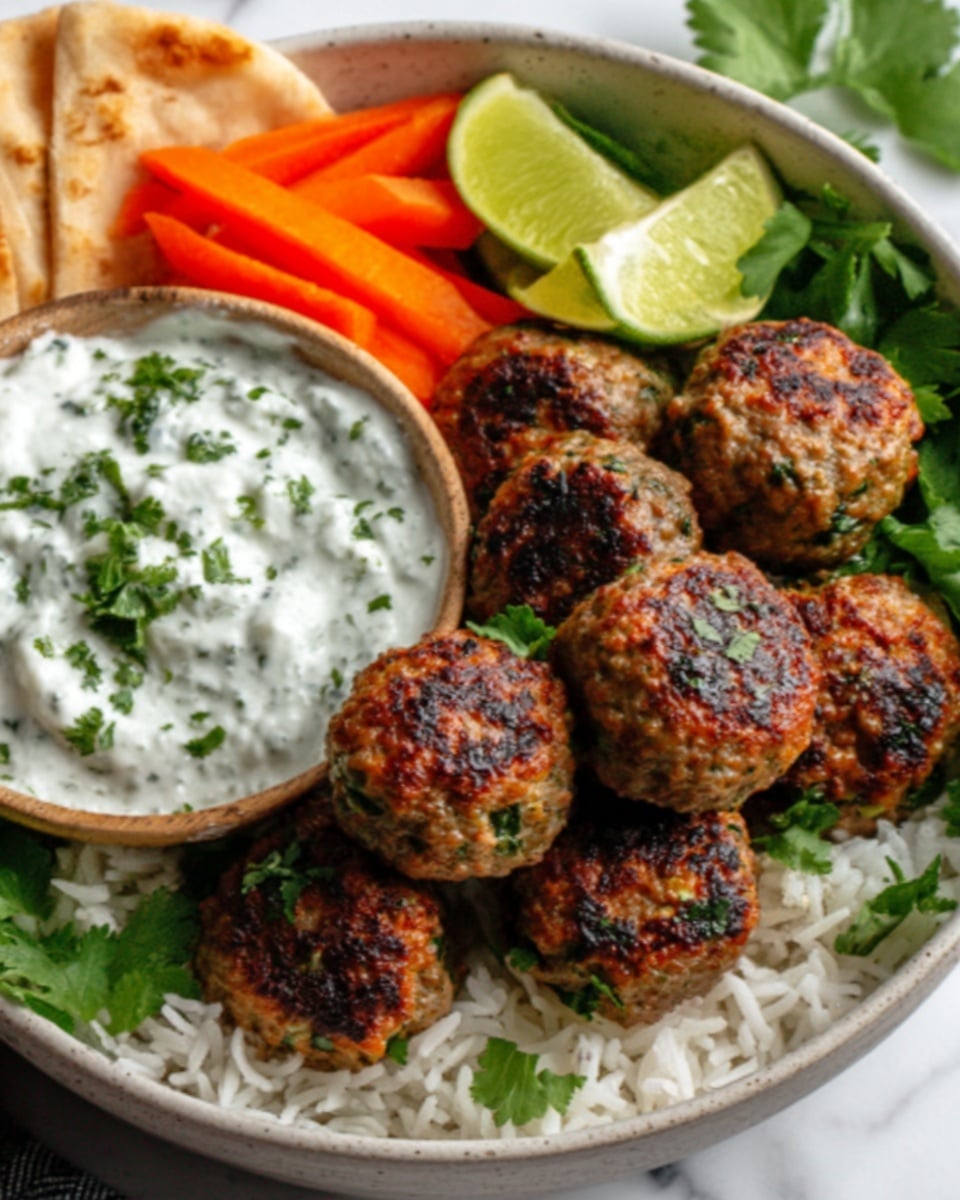 A white bowl holds several browned meatballs with a crispy outer layer, nestled partly on a bed of white rice. To the side, there is a scoop of creamy white sauce with green herb bits sprinkled on top. Behind the sauce are slices of bright orange carrots and green pita bread pieces. Fresh green parsley leaves and two lime wedges rest at the back. The bowl sits on a white marbled surface. Photo taken with an iphone --ar 4:5 --v 7