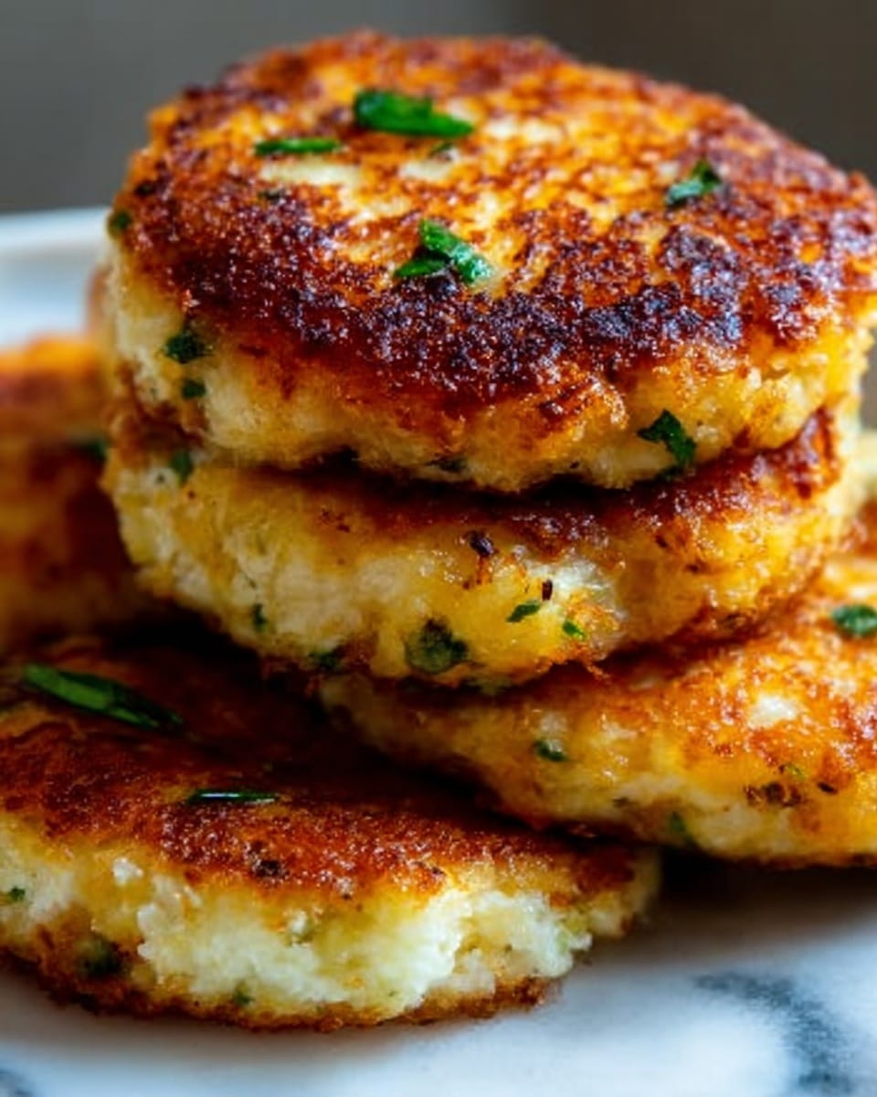 The image shows a close-up of four golden-brown, crispy patties stacked slightly on top of each other. Each patty has a rough, crunchy surface with small green herb bits scattered inside and on top. The edges are browned and slightly uneven, showing a well-fried texture. They are placed on a white plate with a white marbled surface beneath. The lighting highlights the crispiness and color contrast between the soft inside and the crunchy outside. Photo taken with an iphone --ar 4:5 --v 7