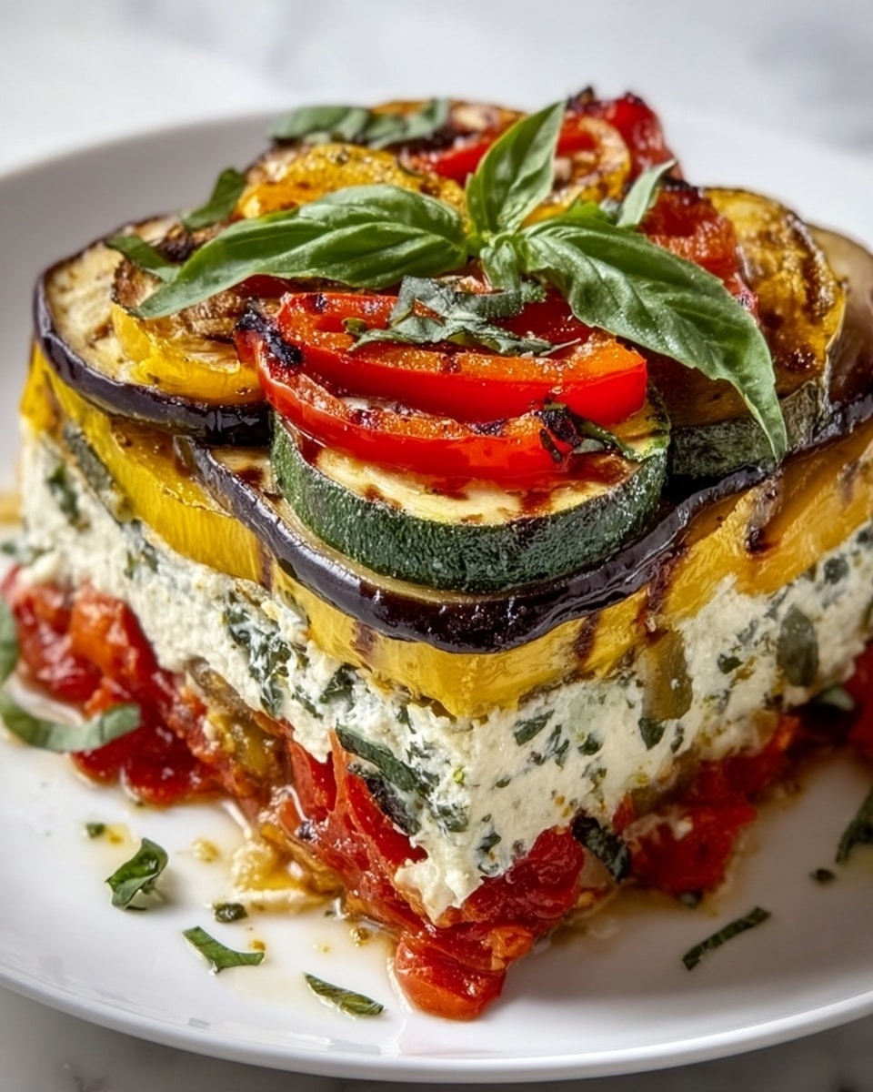 The image shows a close-up of a layered dish with at least four visible layers arranged in a square shape on a white plate, sitting on a white marbled surface. The bottom layer is made of roasted red bell peppers with some bits of basil scattered on it. Above that is a thick, creamy white layer that looks like herbed cheese. The next layer consists of slices of grilled yellow squash and cooked eggplant with their skins visible, arranged side by side. The top layer is grilled zucchini slices and bright red roasted red pepper strips, all topped with whole fresh green basil leaves for garnish. The dish has a slightly browned, baked texture on top. Photo taken with an iphone --ar 4:5 --v 7