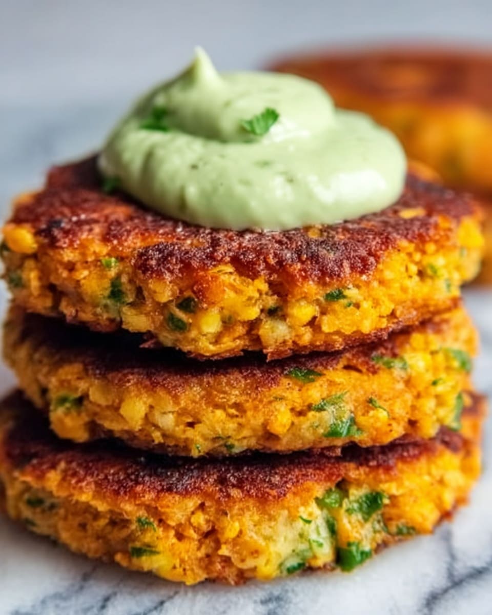 The image shows a close-up of a stack of three thick, golden-brown patties with a crispy texture. The patties have visible bits of green herbs mixed inside, giving them a fresh look. On top of the stack, there is a dollop of creamy, light green sauce with a slightly chunky texture. The patties are placed on a white surface with a white marbled texture in the background. Photo taken with an iphone --ar 4:5 --v 7