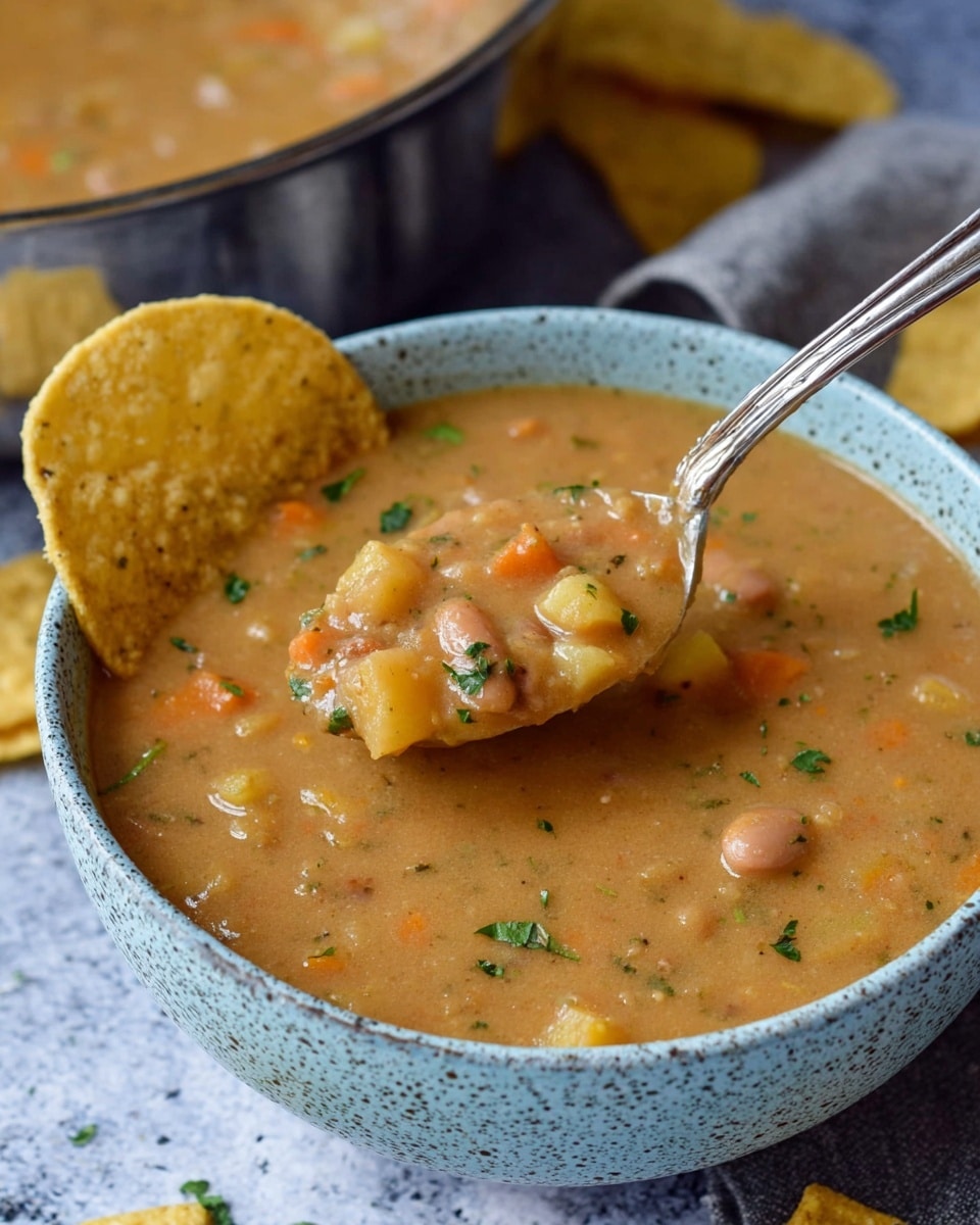 A close-up of a thick, creamy brown soup with visible chunks of light yellow potatoes and orange carrots, along with small beans spread throughout; the soup is garnished with small green parsley bits. It is served in a speckled light blue bowl with a silver spoon lifting some soup, and a round yellow tortilla chip is placed on the edge of the bowl. The bowl is on a white marbled surface with some yellow tortilla chips scattered nearby, and a shiny metal pot with more soup is partially visible in the background. photo taken with an iphone --ar 4:5 --v 7