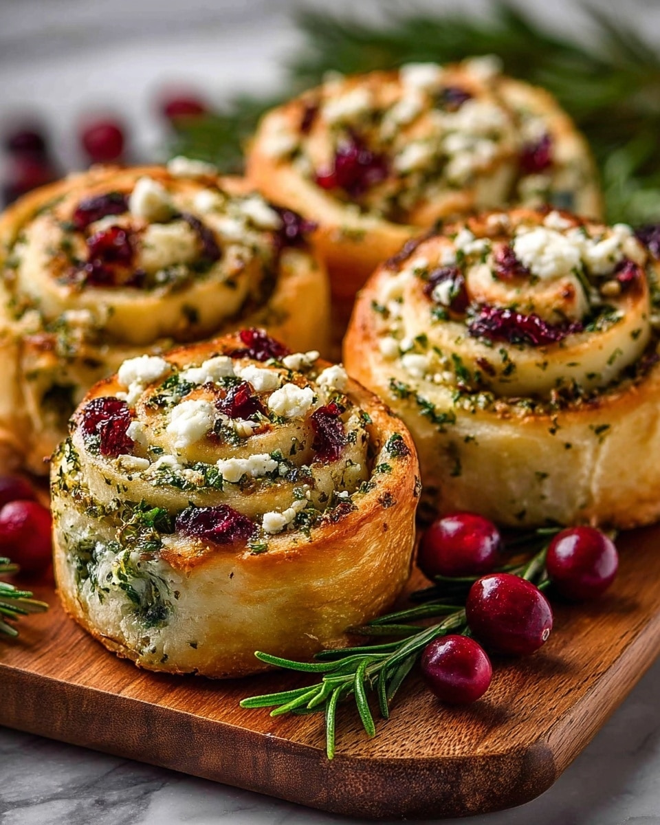 The image shows four golden-brown spiral rolls on a wooden board, each with three visible layers of soft dough swirled with green herbs, bright red berries, and creamy white cheese crumbles on top. The rolls have a crispy outer crust with herbs sprinkled throughout the dough. Around the board are fresh red berries and sprigs of green rosemary, adding vibrant color and texture. The background is a white marbled texture, softly blurred to keep focus on the rolls. Photo taken with an iphone --ar 4:5 --v 7