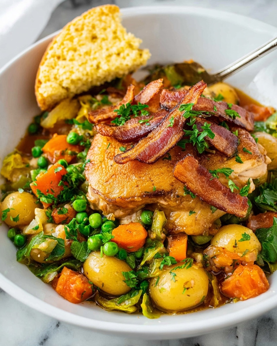 A close-up view of a dish with several pieces of golden-brown fried chicken layered on a white plate. The chicken is covered with a creamy, light beige gravy sauce that has visible flecks of black pepper. The top of the chicken and sauce is sprinkled with finely chopped bright green herbs, adding a fresh contrast to the warm tones of the chicken and sauce. The background shows a white marbled texture that softly highlights the dish. photo taken with an iphone --ar 4:5 --v 7