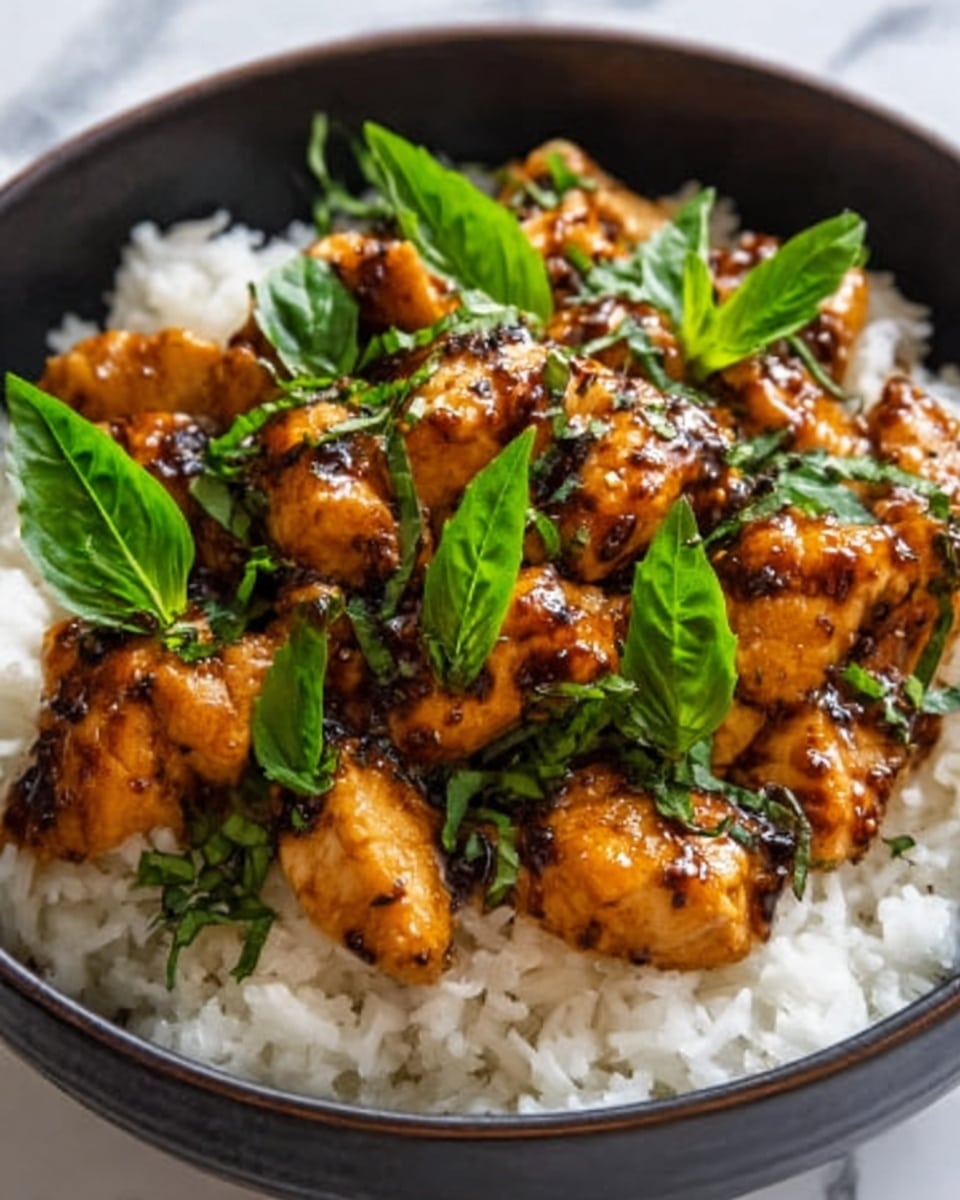 A close-up photo of a white bowl filled with white rice as the bottom layer, topped with pieces of golden brown cooked chicken coated in a dark, thick sauce. Bright green basil leaves are scattered on top, adding a fresh touch. The bowl is placed on a smooth white marbled surface. The colors contrast well with the dark bowl and vibrant green leaves. Photo taken with an iphone --ar 4:5 --v 7