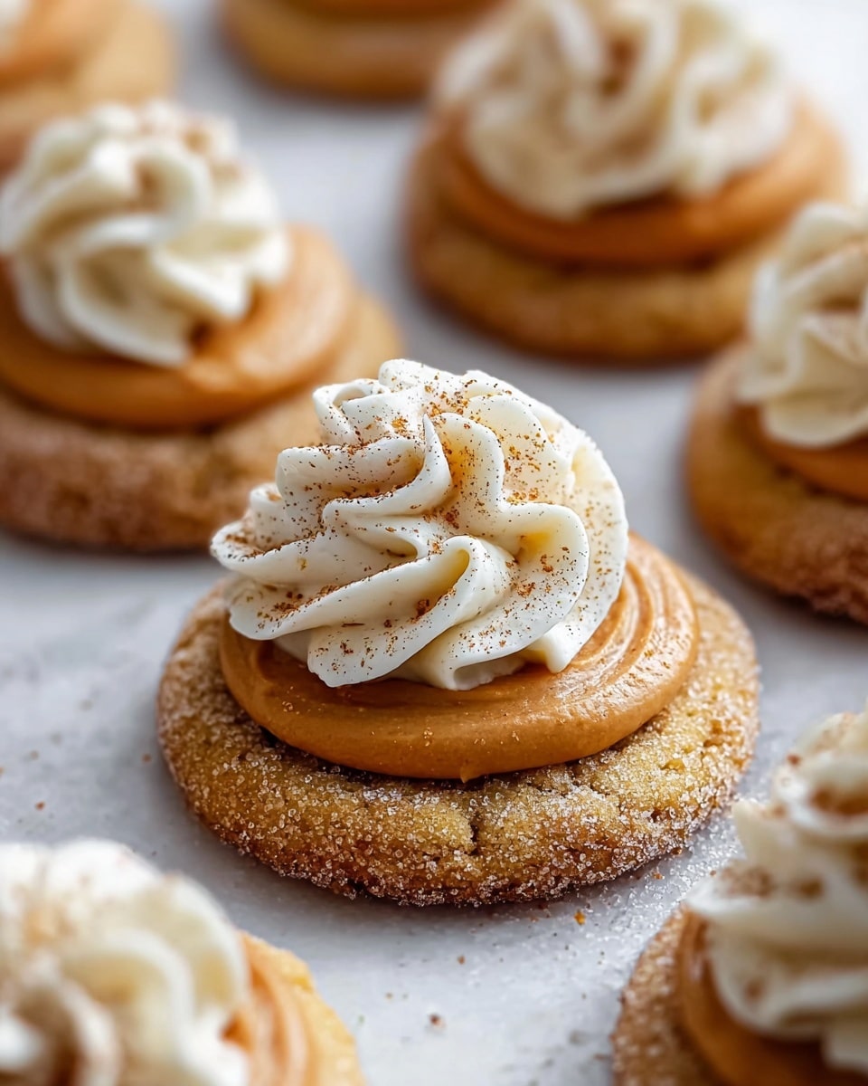 The image shows several round cookies with a sugar-coated edge as the bottom layer, golden-brown in color with a slightly crumbly texture. On top of each cookie is a thick dollop of smooth, orange-brown frosting layer, followed by a swirl of creamy white whipped frosting with soft peaks, sprinkled lightly with cinnamon powder. The cookies are placed on a white marbled surface, with a close-up focus on the central cookie, capturing the fine sugar and smooth textures in detail. photo taken with an iphone --ar 4:5 --v 7