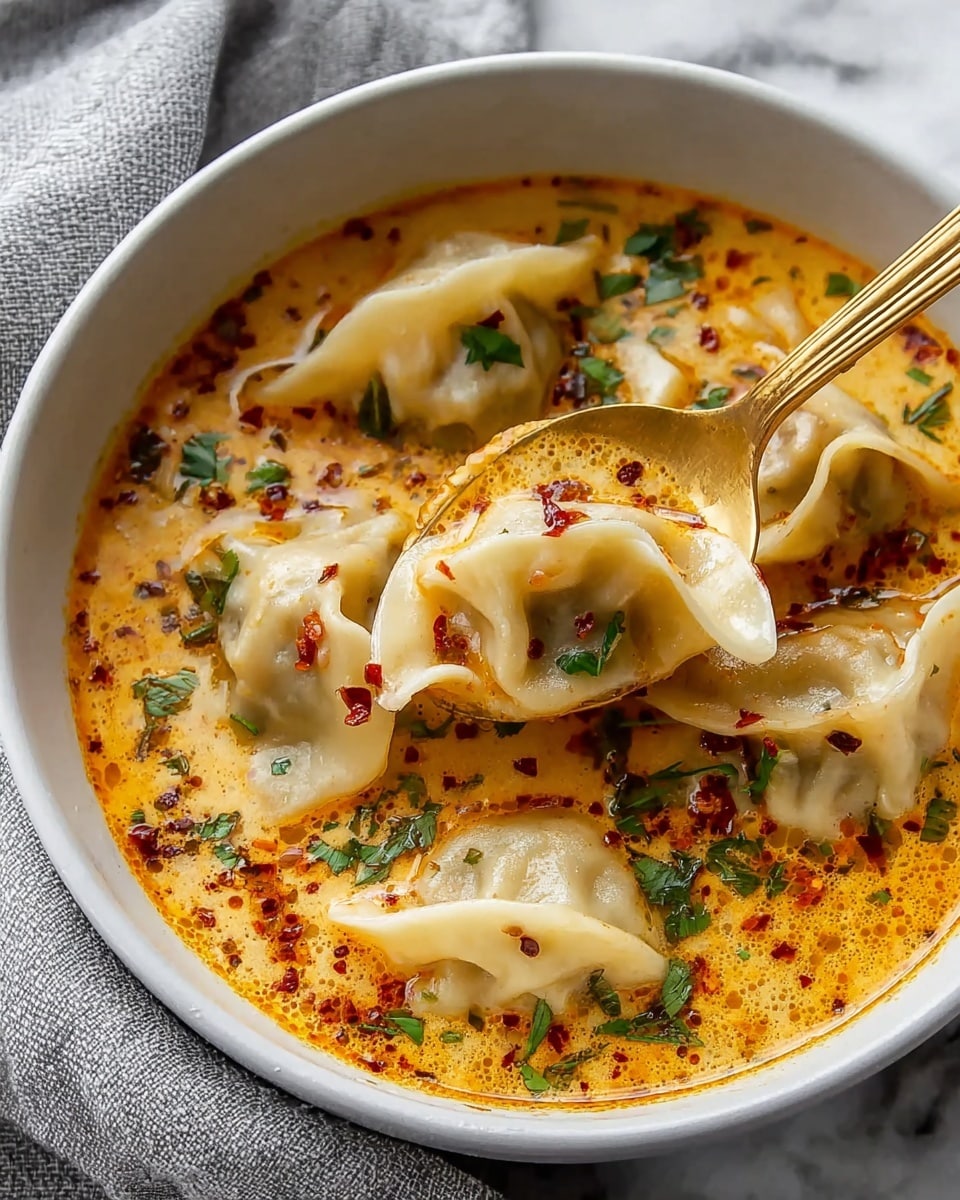 A white bowl filled with a creamy orange soup with visible oil droplets on the surface, containing five dumplings with light beige, slightly translucent skin showing some texture. One dumpling is lifted by a golden spoon, showing its plump, folded shape with small red chili flakes and green herb pieces sprinkled on top. The soup base has a smooth texture with vibrant spices and herbs dispersed around. The background is a white marbled texture with a soft grey cloth partially visible. Photo taken with an iphone --ar 4:5 --v 7