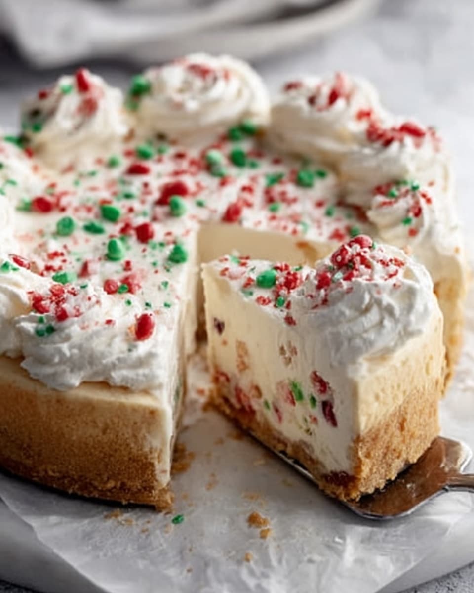 A creamy cheesecake with a thick, golden-brown crust sits on a white marbled surface, topped with a smooth white layer of whipped cream sprinkled with small red and green candy pieces. One slice is lifted slightly by a silver spatula, showing the creamy interior with specks of red and green candies, bright against the pale filling. The white whipped topping looks fluffy and soft, and the crust is firm and slightly crumbly. Photo taken with an iphone --ar 4:5 --v 7