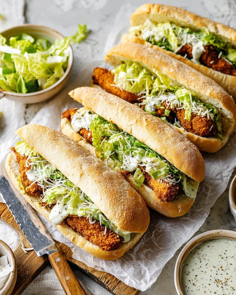 The image shows four crispy fried chicken sandwiches lined up on a wooden board with white parchment paper underneath. Each sandwich has a long white sub-style bun sliced open, revealing a golden-brown crunchy fried chicken fillet in the center. On top of the chicken, there is a layer of green leafy lettuce mixed with creamy white sauce, and a light sprinkle of shredded white cheese covers the lettuce and chicken. There are also two small bowls nearby, one containing extra lettuce and the other filled with a creamy white dipping sauce with pepper on top. A knife with a wooden handle is placed on the left side of the board, all set on a white marbled texture surface. Photo taken with an iphone --ar 4:5 --v 7