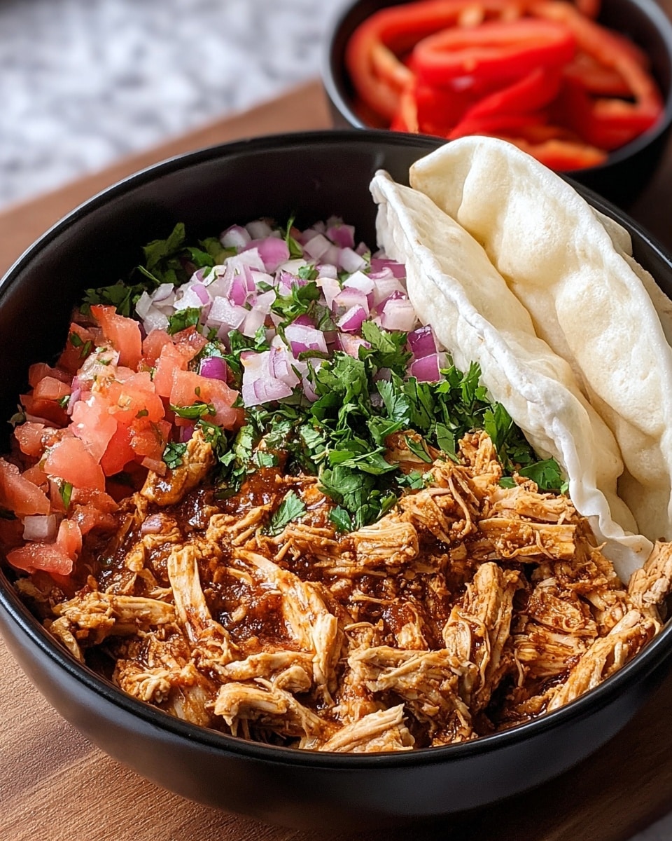 A black bowl filled with three main layers: the bottom layer has shredded cooked chicken in a reddish-brown sauce with visible spices, the middle layer is a mix of finely chopped red onions, diced tomatoes, and green cilantro leaves creating a fresh, colorful topping, and the top layer on the right side features two folded white pita breads resting beside the chicken and fresh salad. The bowl is placed on a wooden surface with a blurred white marbled texture background and an out-of-focus bowl of sliced red peppers behind. photo taken with an iphone --ar 4:5 --v 7