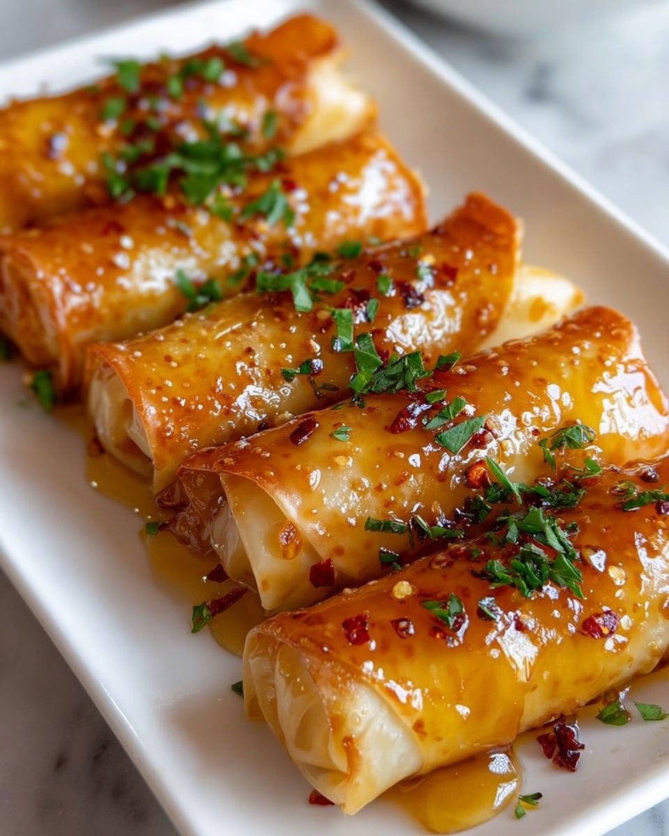 The image shows four golden brown rolled pastries placed closely side by side on a white rectangular plate. Each pastry has a shiny, crispy outer layer, with an amber sauce drizzled generously on top, adding a glossy texture. The surface is sprinkled with small green herb leaves and fine red chili flakes for color contrast. The white marbled surface beneath the plate softly blurs into the background, and the overall focus is on the richly glazed pastries lined up front to back. Photo taken with an iphone --ar 4:5 --v 7