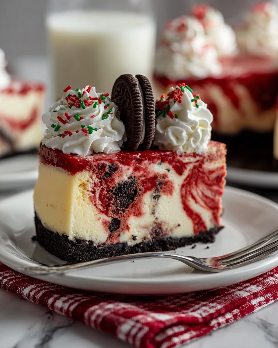 A slice of layered cheesecake sits on a white plate, resting on a red and white checkered cloth over a white marbled surface. The cheesecake has three layers: a black crumbly base, a thick creamy white middle, and a marbled red and white top layer with swirls of red velvet. On top, there are three swirls of white whipped cream decorated with red and green sprinkles, and a whole chocolate sandwich cookie is placed vertically in the center of the whipped cream. A silver fork lies beside the cheesecake slice on the plate. In the background, another slice of the same cheesecake is slightly out of focus alongside a glass of milk. Photo taken with an iphone --ar 4:5 --v 7