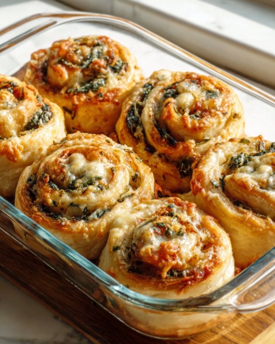 A clear glass baking dish holds seven golden-brown puff pastry pinwheels, each with visible layers showing swirls of spinach and melted cheese inside. The flaky tops have slight crisp edges with some melted cheese and small green herb bits sprinkled on top. The dish sits on a white marbled surface with bright natural light coming from the side, highlighting the soft, airy texture of the rolls. Photo taken with an iphone --ar 4:5 --v 7