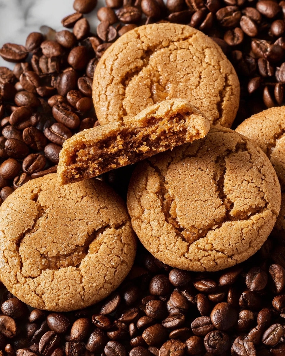 The image shows four golden brown cookies with cracked, slightly rough tops, resting on a bed of dark brown coffee beans. One cookie in the center is broken in half, revealing its soft, crumbly inside. The cookies have a textured surface with uneven cracks and a warm, baked look. The coffee beans underneath are shiny, smooth, and oval-shaped, filling the frame closely around the cookies, creating a rich contrast between the light cookies and the dark beans. The background is a white marbled texture. photo taken with an iphone --ar 4:5 --v 7