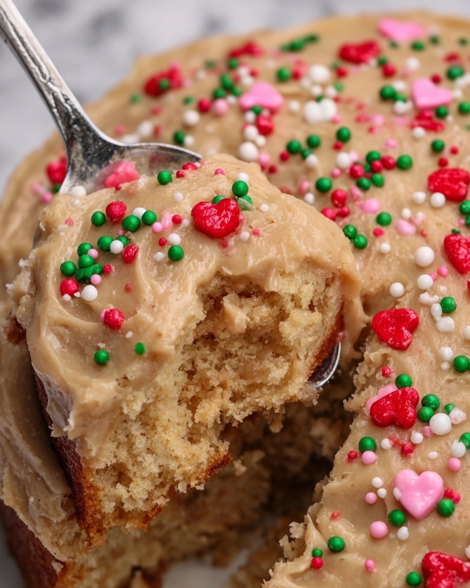 A close-up view of a soft, light brown cake with a creamy, smooth light brown frosting layer on top, dotted with various small round sprinkles in green, red, white, and pink, along with red and pink heart-shaped sprinkles scattered across the surface. A silver spoon is lifting a portion of the cake from the middle, showing the moist and slightly crumbly texture inside and some frosting coating the piece. The cake sits on a white marbled surface. Photo taken with an iphone --ar 4:5 --v 7